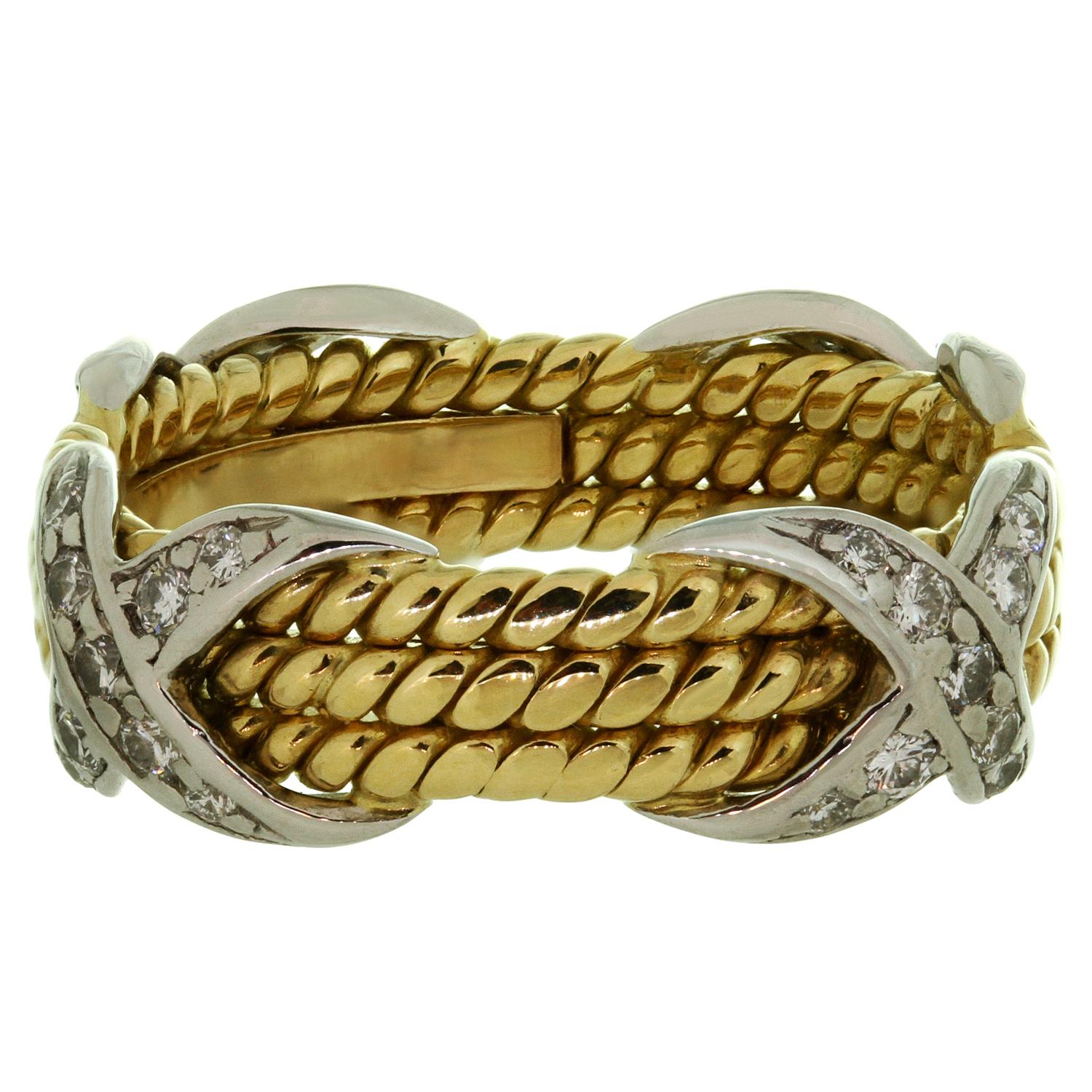 Tiffany & Co. Schlumberger 3-reihiger Diamant Platin Gold Ring mit Kordel Gr. 50 Damen im Angebot