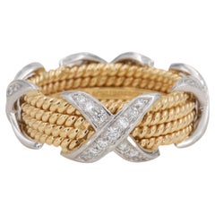 Tiffany & Co Schlumberger Rope Four Row Diamond X Ring In 18 Karat Gold & Plat