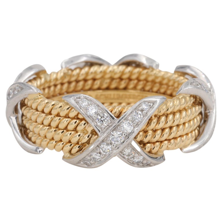 Tiffany and Co Schlumberger Rope Four Row Diamond X Ring In 18 Karat ...