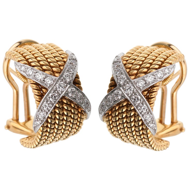 Tiffany and Co Schlumberger Rope Six-Row Diamond Gold Earrings For Sale ...