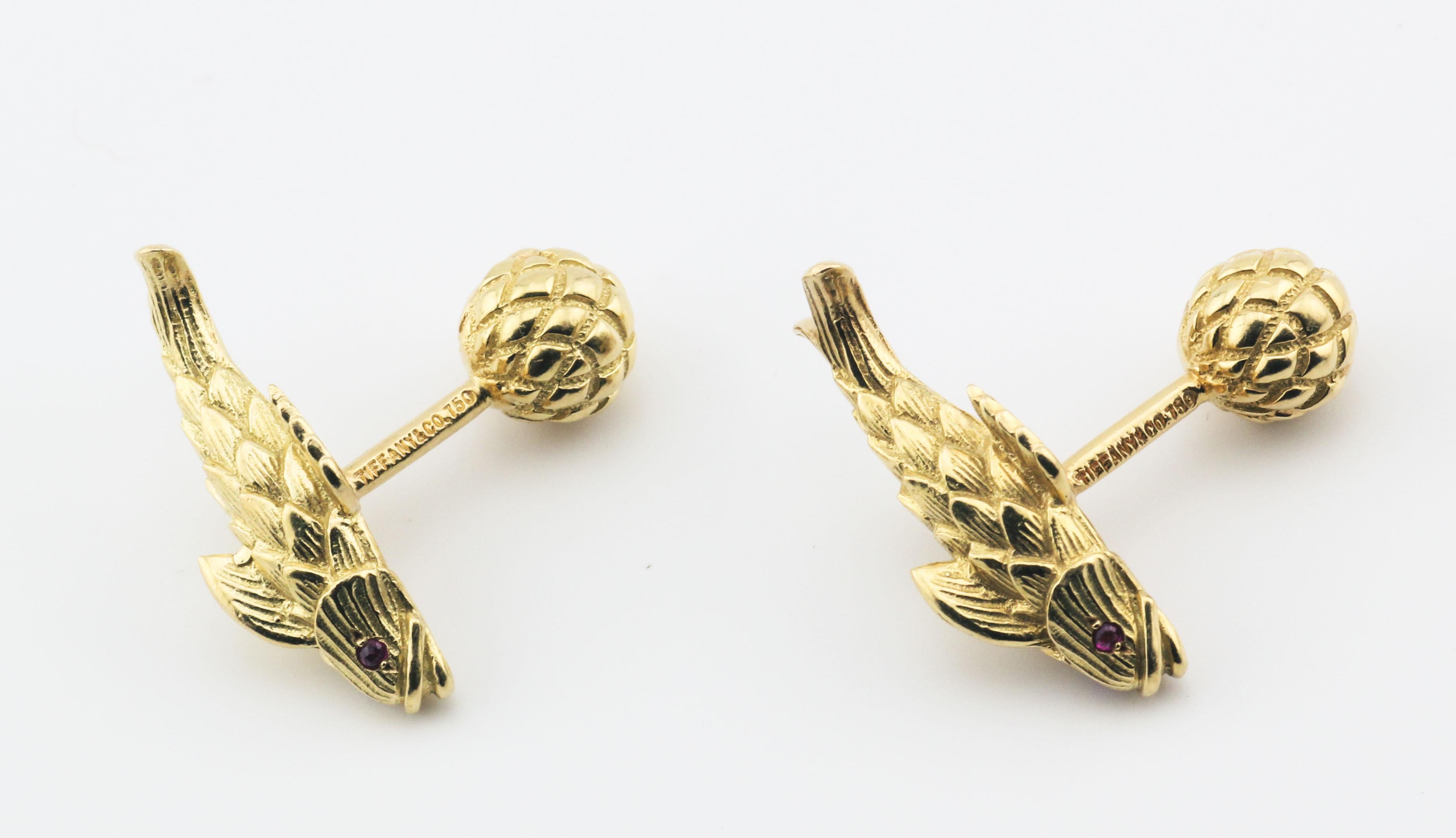Round Cut Tiffany & Co. Schlumberger Ruby 18K Yellow Gold Koi Fish Cufflinks