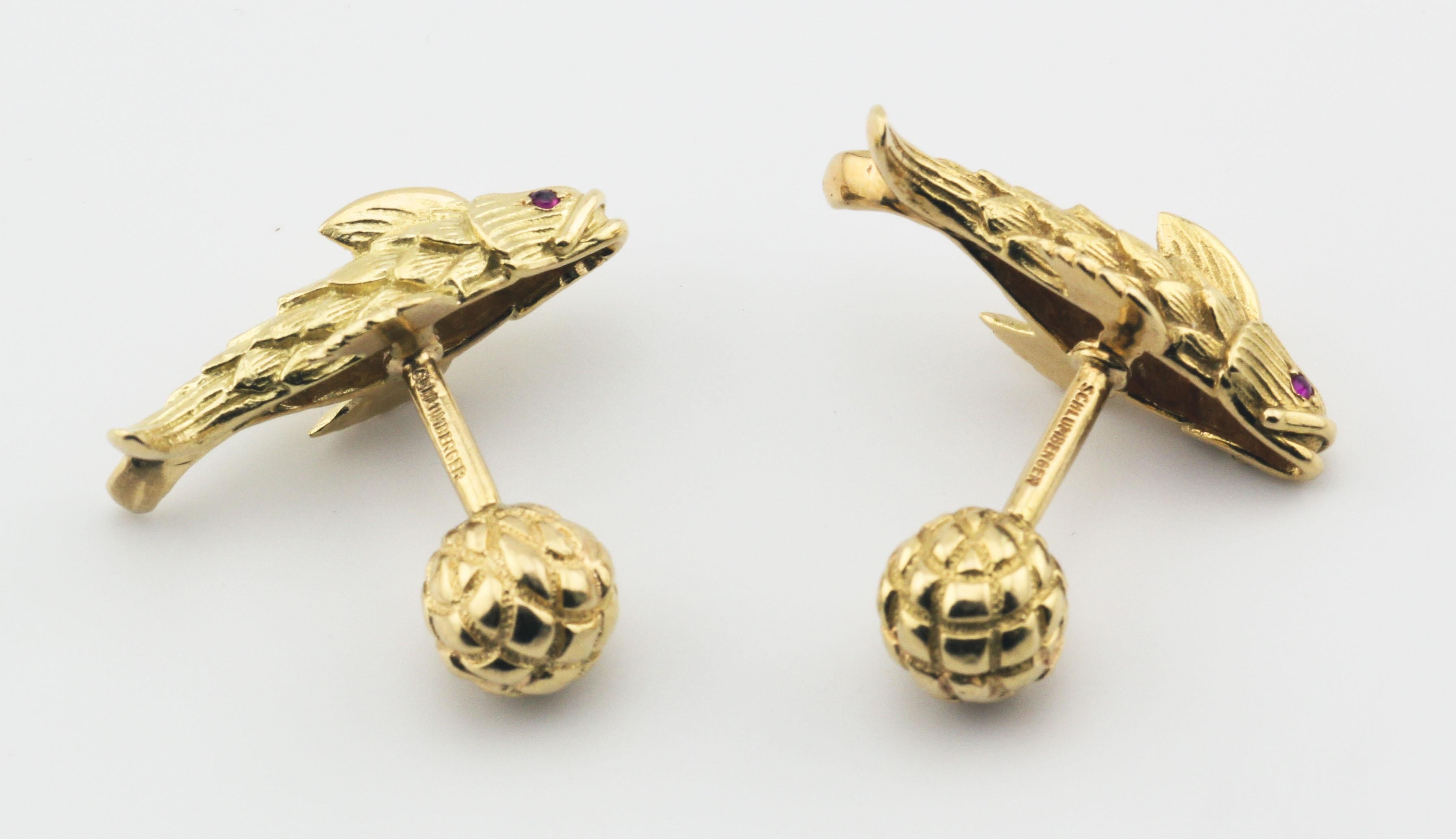 Tiffany & Co. Schlumberger Ruby 18K Yellow Gold Koi Fish Cufflinks In Good Condition In Simpsonville, SC