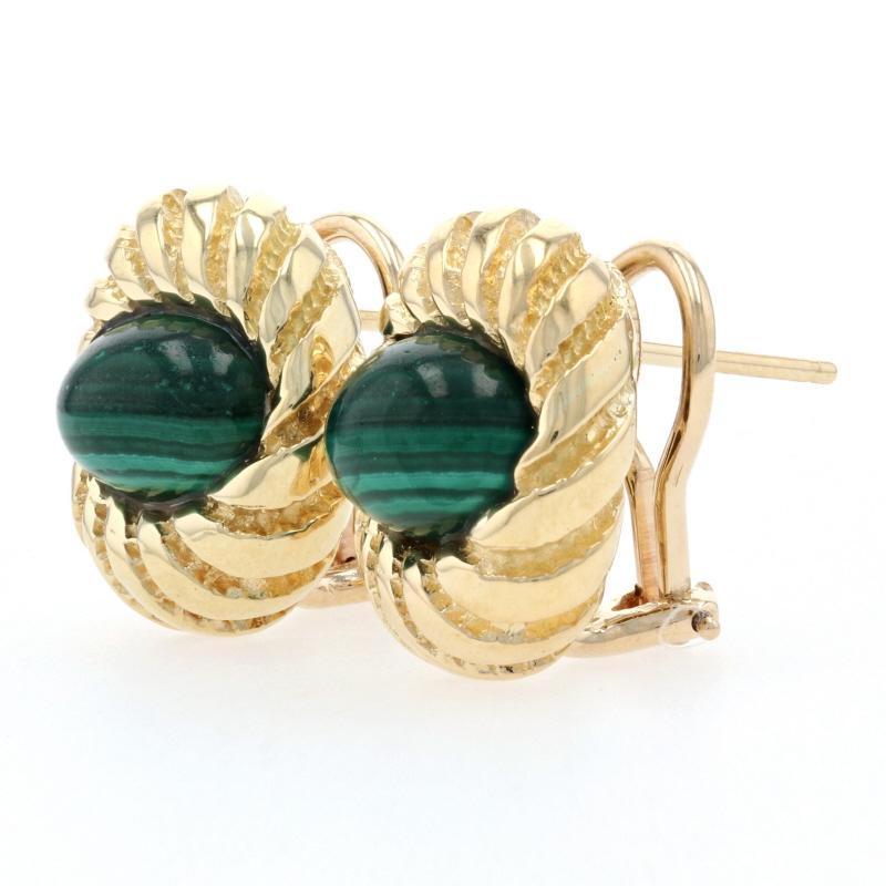 Brand: Tiffany & Co.
Designer: Jean Schlumberger
Design: Shell 
Era: Vintage

Metal Content: 18k Yellow Gold (earrings) & 14k Yellow Gold (non-original posts) 

Stone Information: 
Genuine Malachite
Cut: Oval Cabochon 
Color: Green   

Style: Large