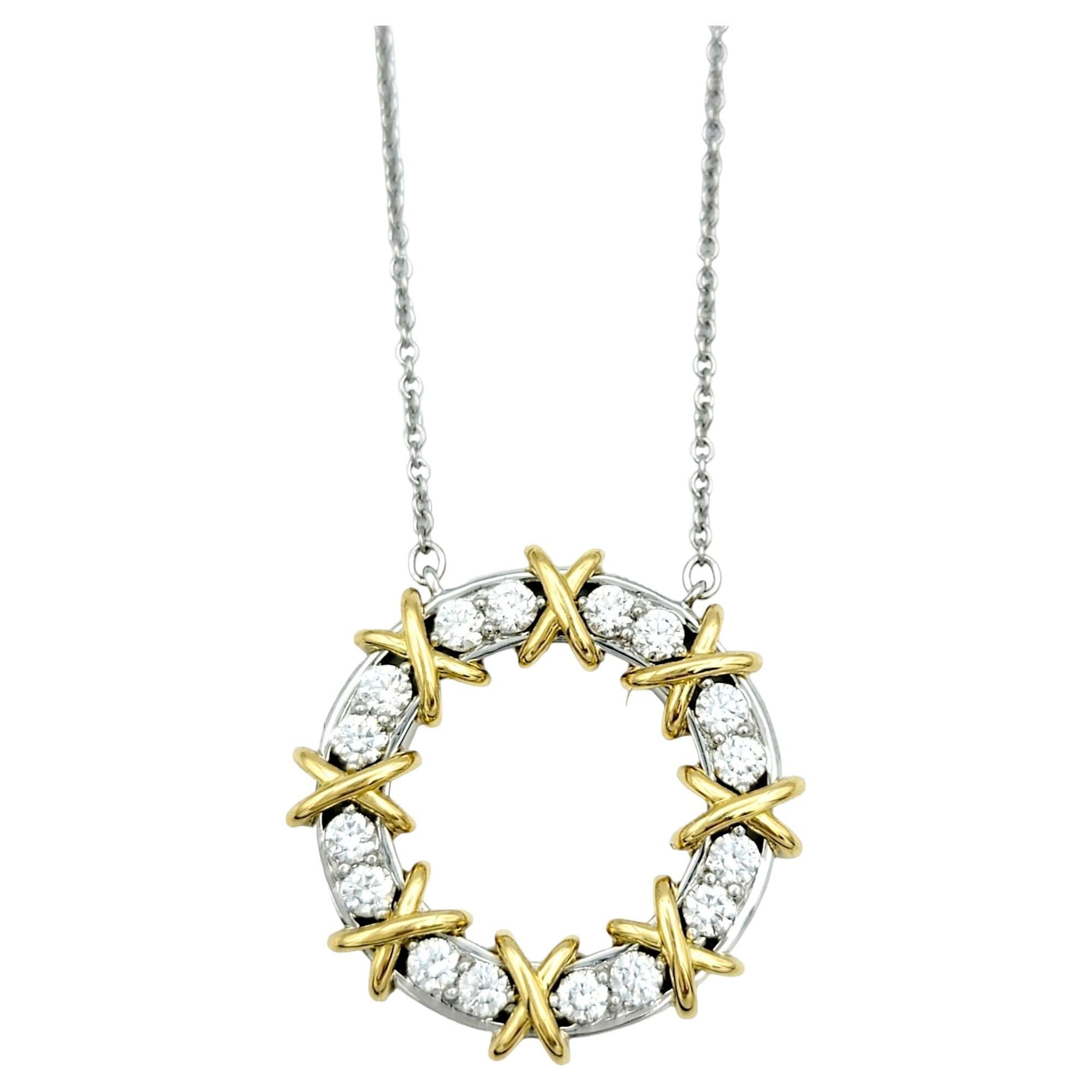 Tiffany & Co Schlumberger Sixteen Stone Diamond Circle Two-Tone Pendant Necklace