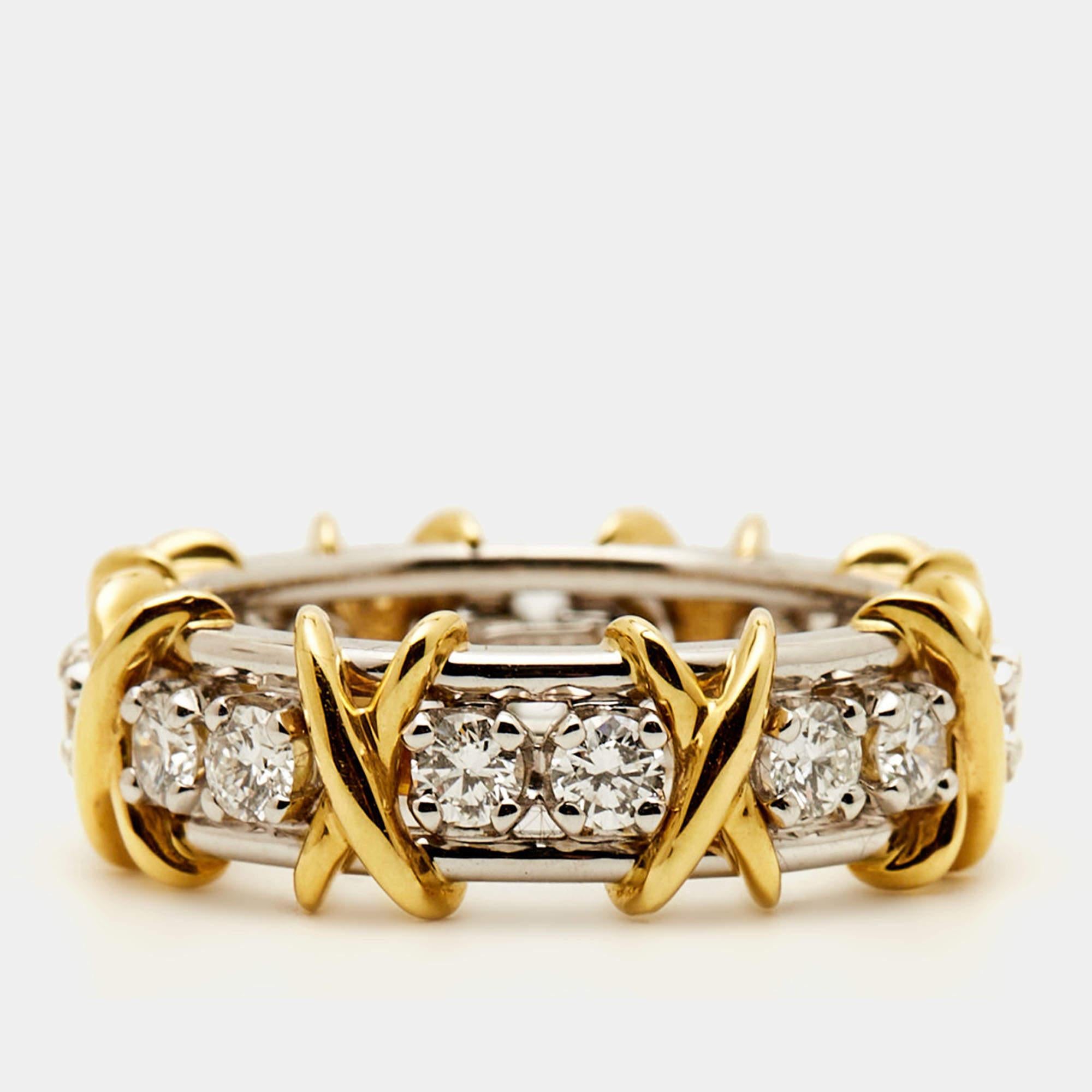 Women's Tiffany & Co. Schlumberger Sixteen Stone Diamond Platinum 18k Yellow Gold Ring 