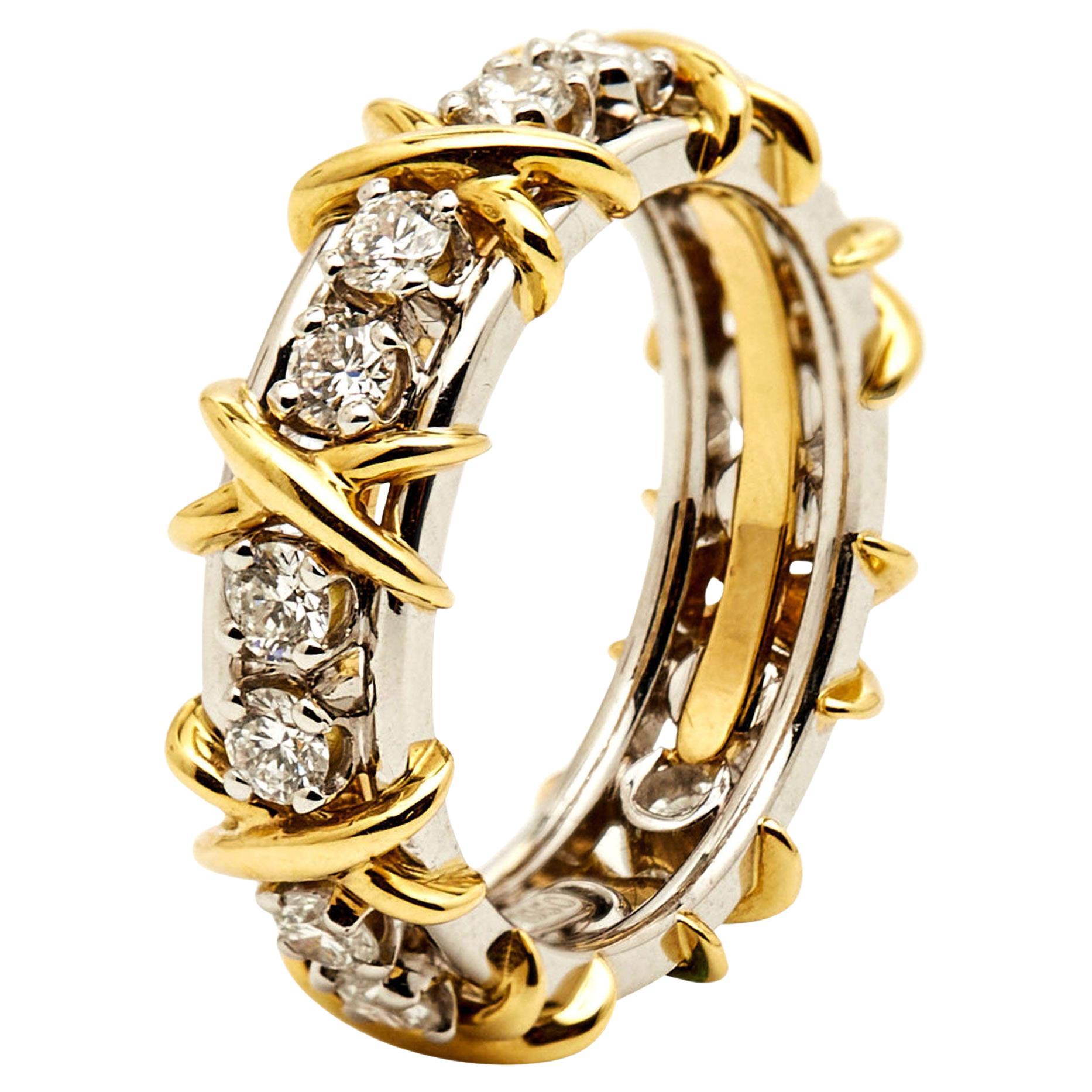 Tiffany & Co. Schlumberger Sixteen Stone Diamond Platinum 18k Yellow Gold Ring 