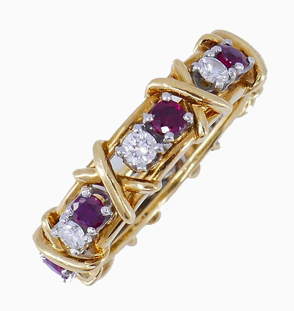 Round Cut Tiffany & Co. Schlumberger Sixteen Stone Ring 18k Gold Ruby Diamond Estate