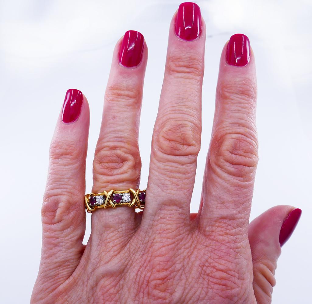Round Cut Tiffany & Co. Schlumberger Sixteen Stone Ring 18k Gold Ruby Diamond Estate