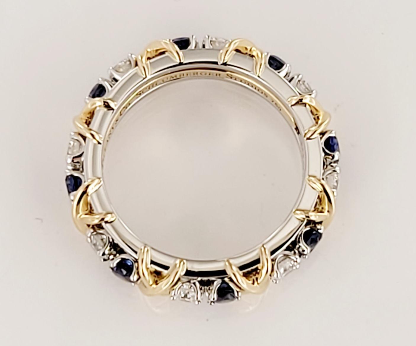 Brand Tiffany & Co
Sixteen Stone Ring
18K Yellow Gold & PT950
Ring Size 6
Main stone Sapphire 
Diamond .59cts
Sapphire .75cts
Diamond Clarity VS
Color Grade F-G
Weight 8.1gr
Retail Price $13.500
Comes with Tiffany & co ring box