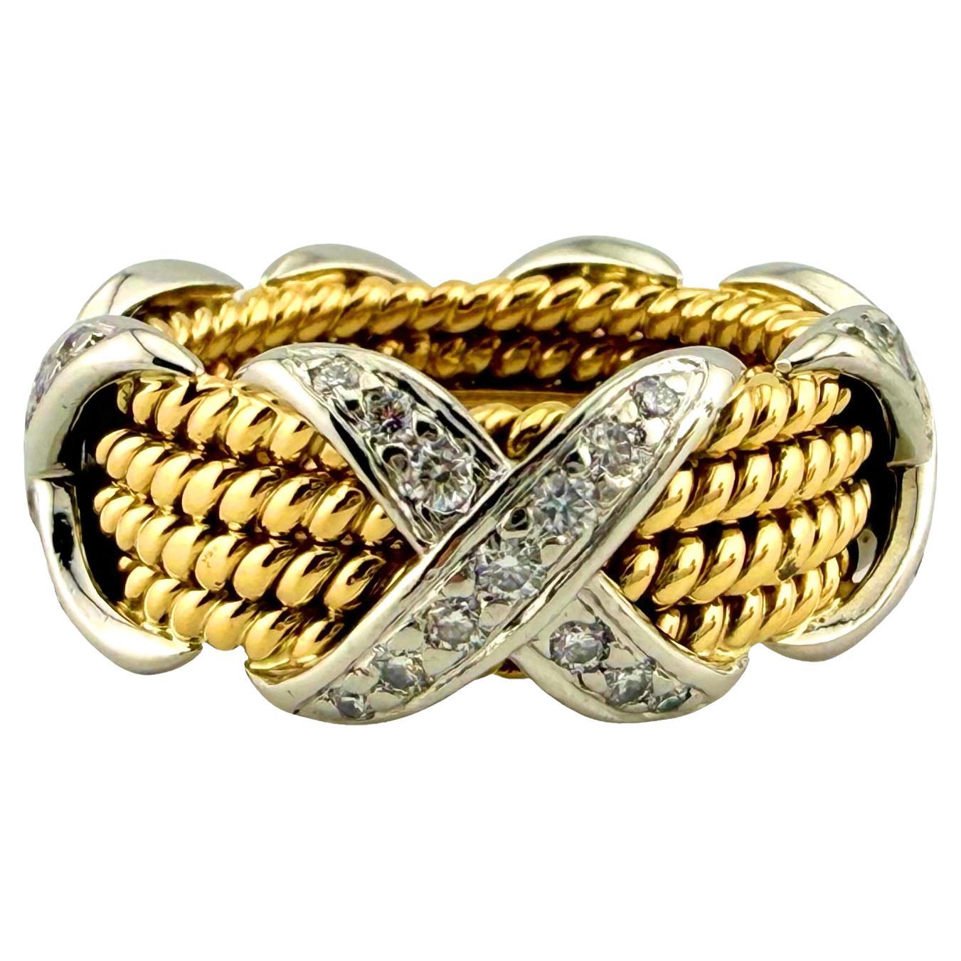 Tiffany & Co. SCHLUMBERGER STUDIOS 4 Rope Diamond Signature X Band Ring


Style: Band Ring

Metal: 18K Yellow  Gold & Platinum

Width: 7 mm - 8.5 mm

Weight:  11.7 grams

Diamonds:  52 Round Brilliant Diamonds 

Size: 5.5 

Hallmark: ©TIFFANY&CO.