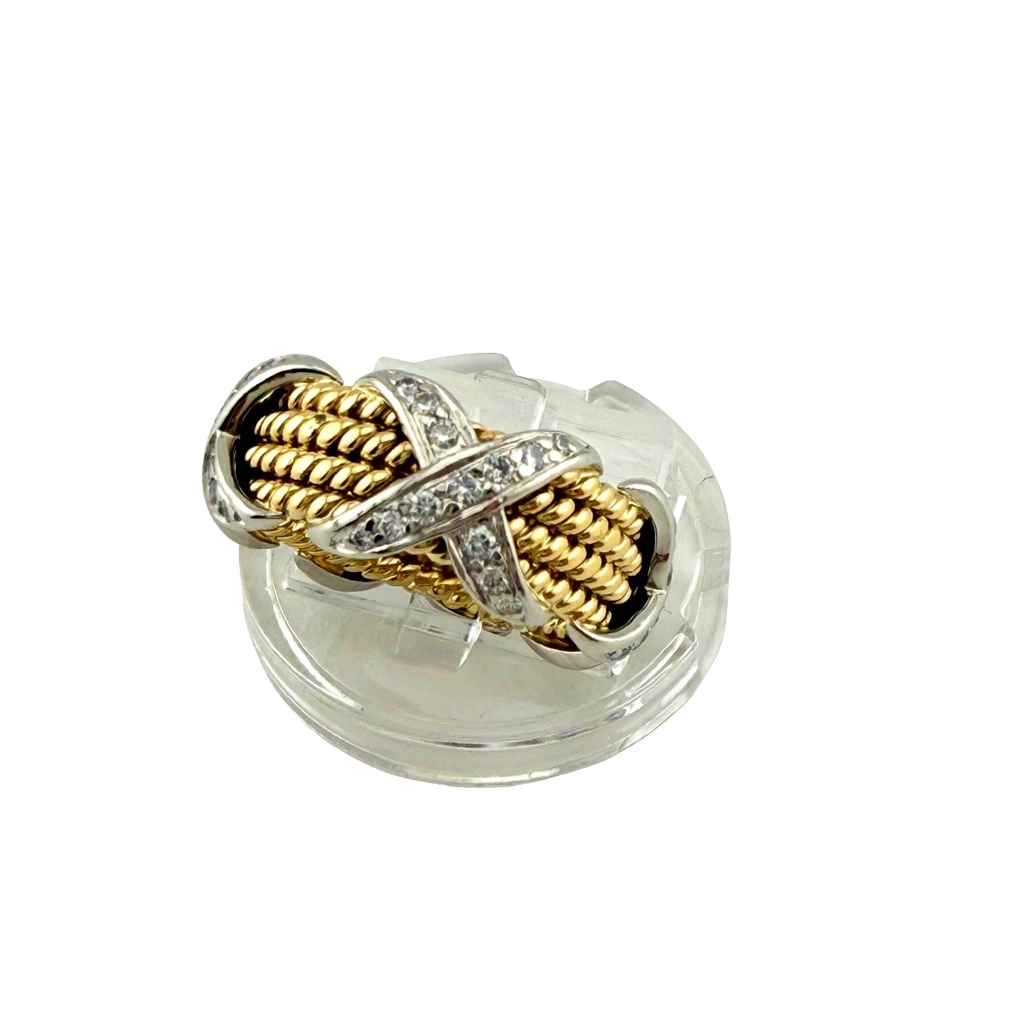 Round Cut Tiffany & Co Schlumberger Studios Four Rope Diamond X Ring 18k Yellow Gold Plat For Sale