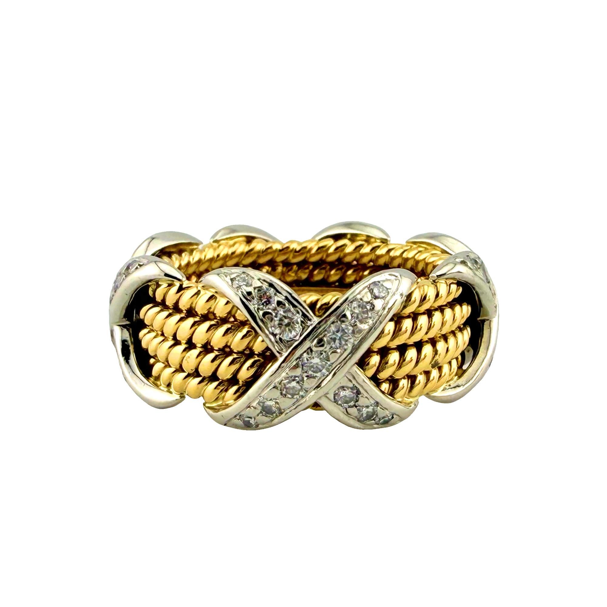 Women's Tiffany & Co Schlumberger Studios Four Rope Diamond X Ring 18k Yellow Gold Plat For Sale
