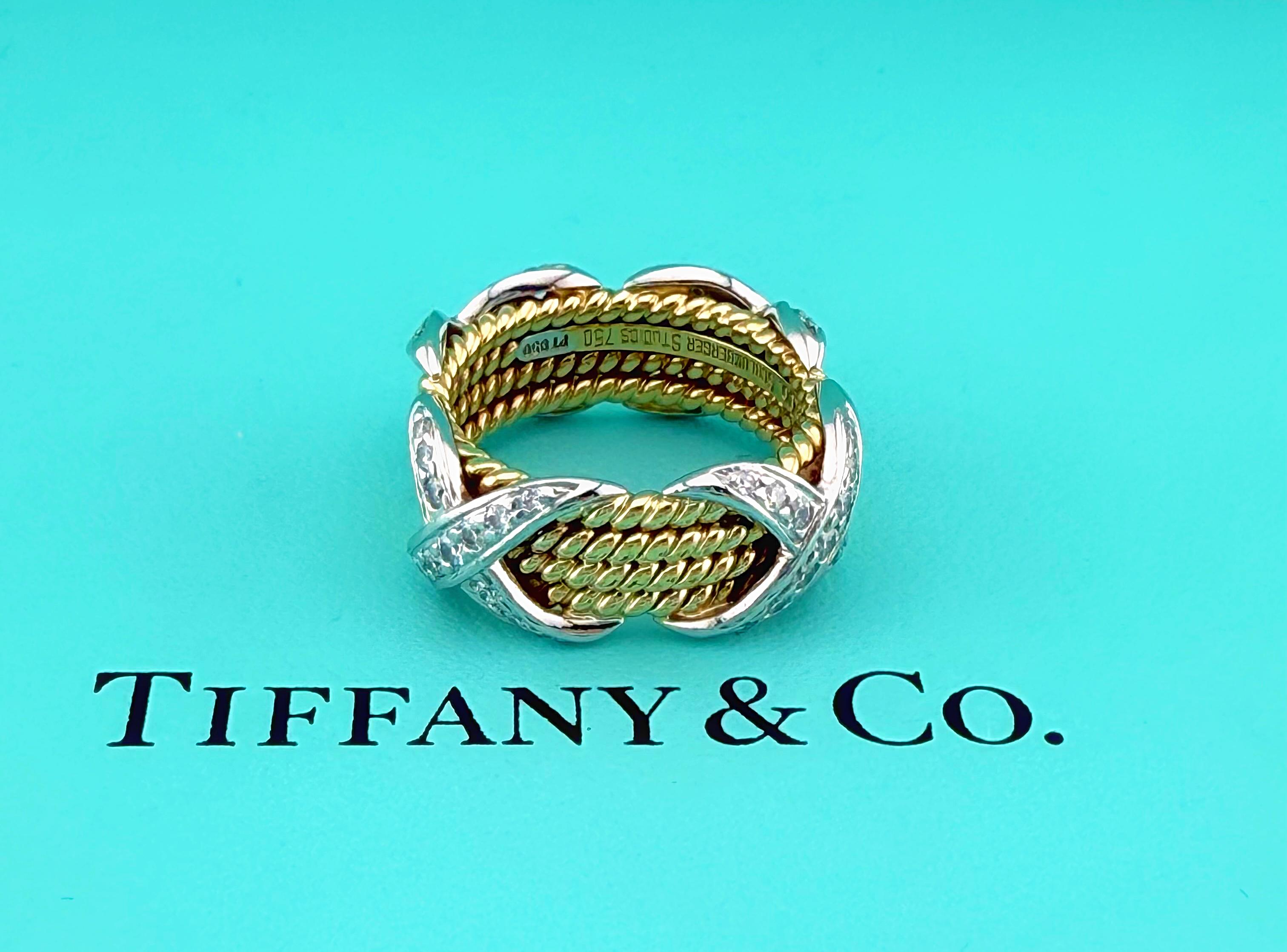 Tiffany & Co Schlumberger Studios Four Rope Diamond X Ring 18k Yellow Gold Plat For Sale 1