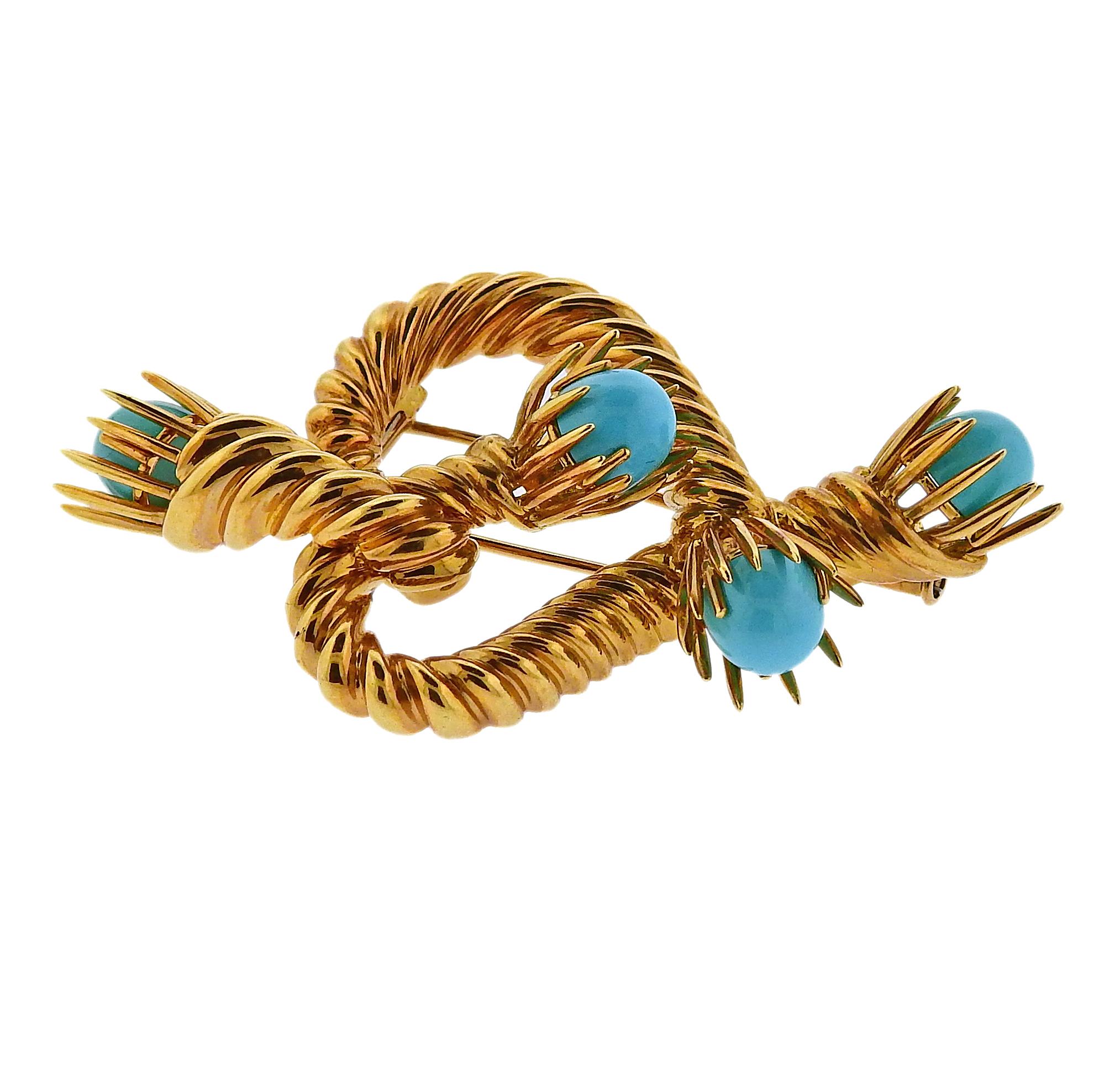 18k gold brooch , crafted by Jean Schlumberger for Tiffany & Co, adorned with turquoise.  Brooch is 60mm x 35mm. Weight is 28 grams. Marked Tiffany & Co, Schlumberger Studios, 750.