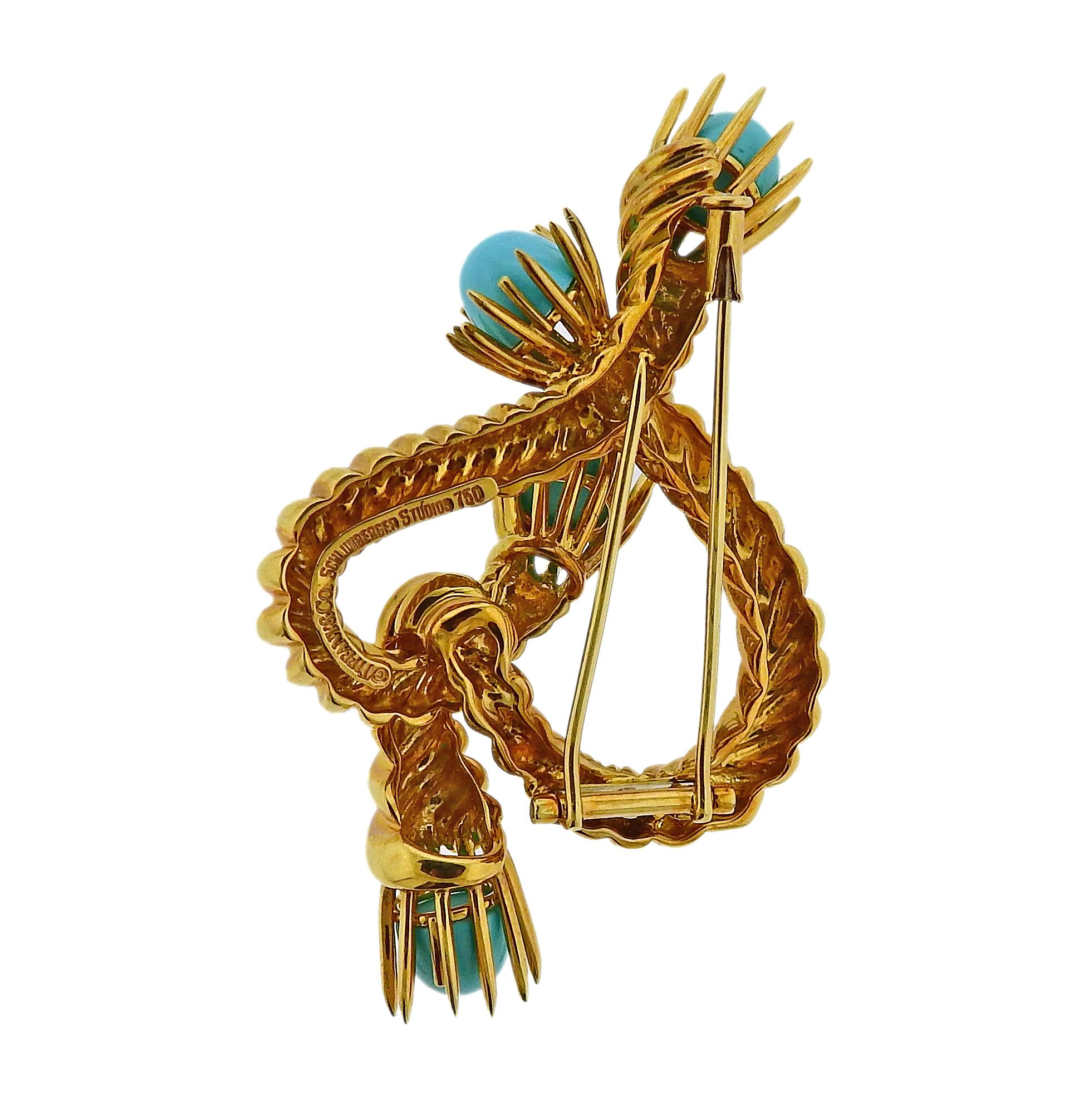 Tiffany & Co. Schlumberger Turquoise Gold Brooch Pin In Excellent Condition In Lambertville, NJ