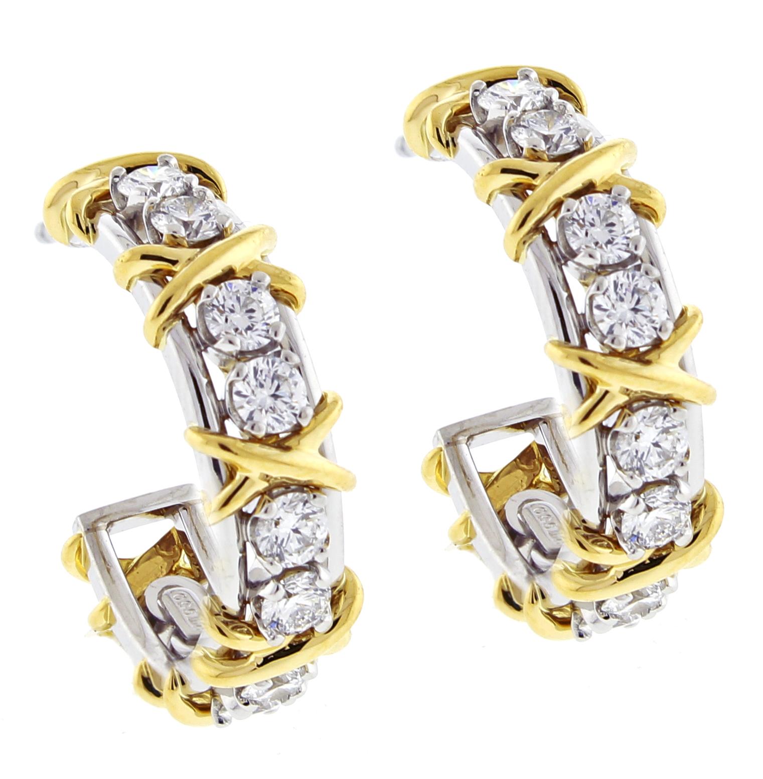 Jean Schlumberger’s visionary creations are among the world’s most intricate designs. Blazing diamonds topped by golden X's create these glamorous earrings.

♦ Designer:  Schlumberger
♦ Retail $16,000
♦ Metal: 18 karat and platinum
♦ 20 diamonds =