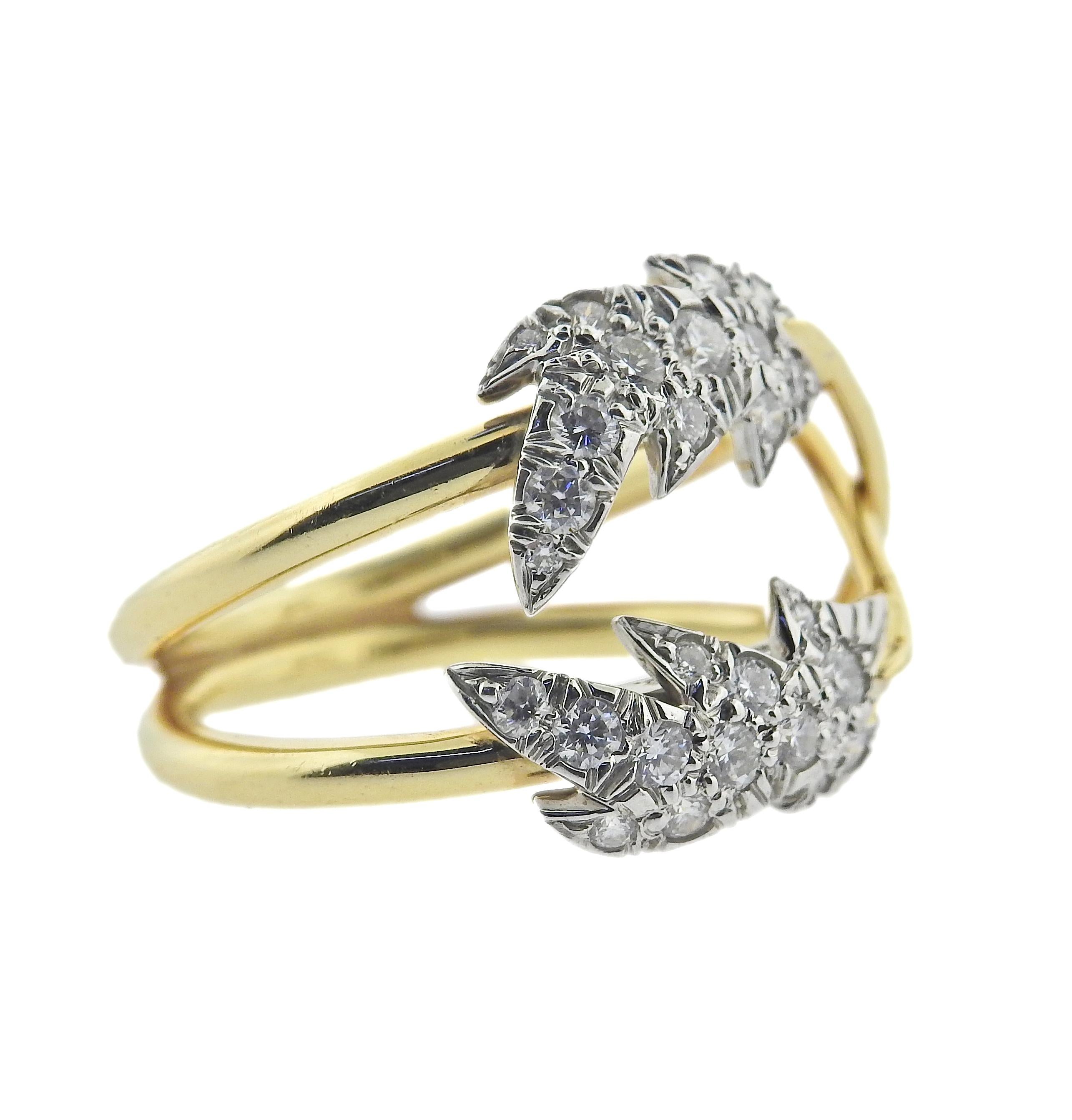 Zweiblättriger Ring aus Platin und 18-karätigem Gold von Jean Schlumberger für Tiffany & Co, mit 0,54ctw G/VS-Diamanten.  Ringgröße 6,5, oben 16 mm breit.  Gewicht - 8,7 Gramm. Gezeichnet: Tiffany & Co, 750, Schlumberger, pt950.