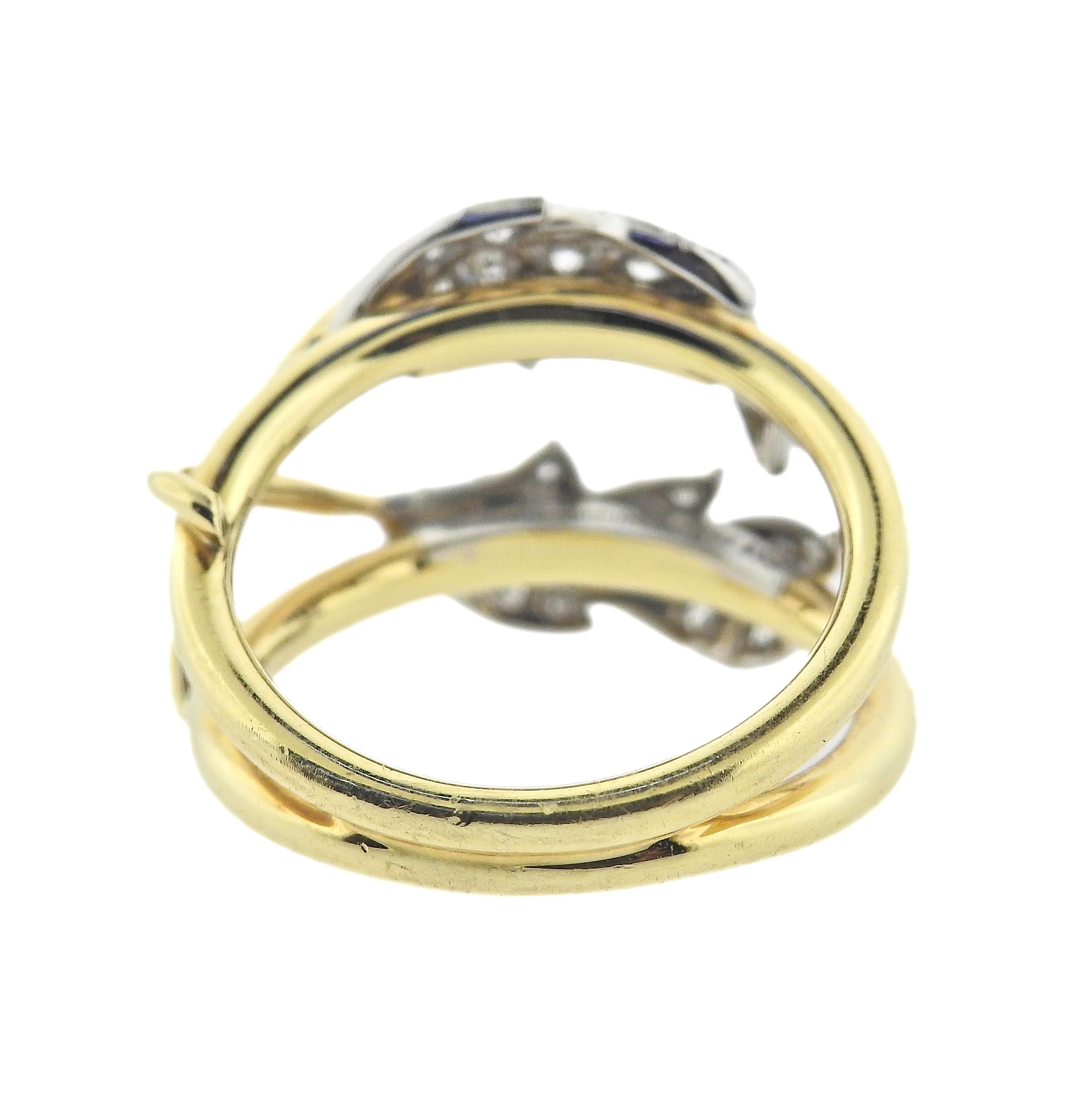 Schlumberger Gold-Platin-Ring mit zwei Blättern und Diamanten von Tiffany & Co (Rundschliff) im Angebot