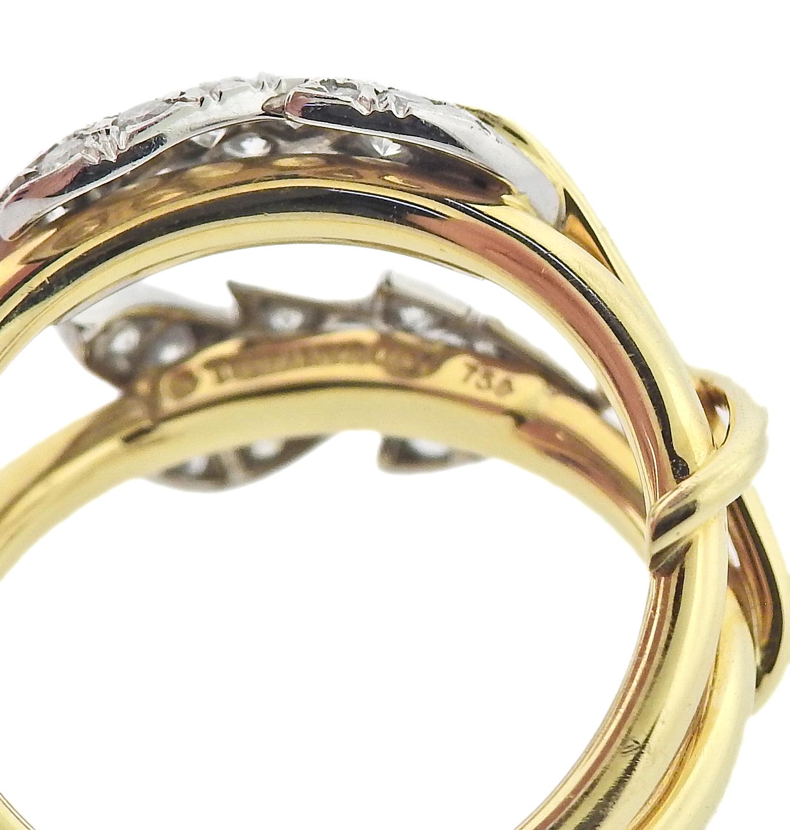 Schlumberger Gold-Platin-Ring mit zwei Blättern und Diamanten von Tiffany & Co im Zustand „Hervorragend“ im Angebot in Lambertville, NJ