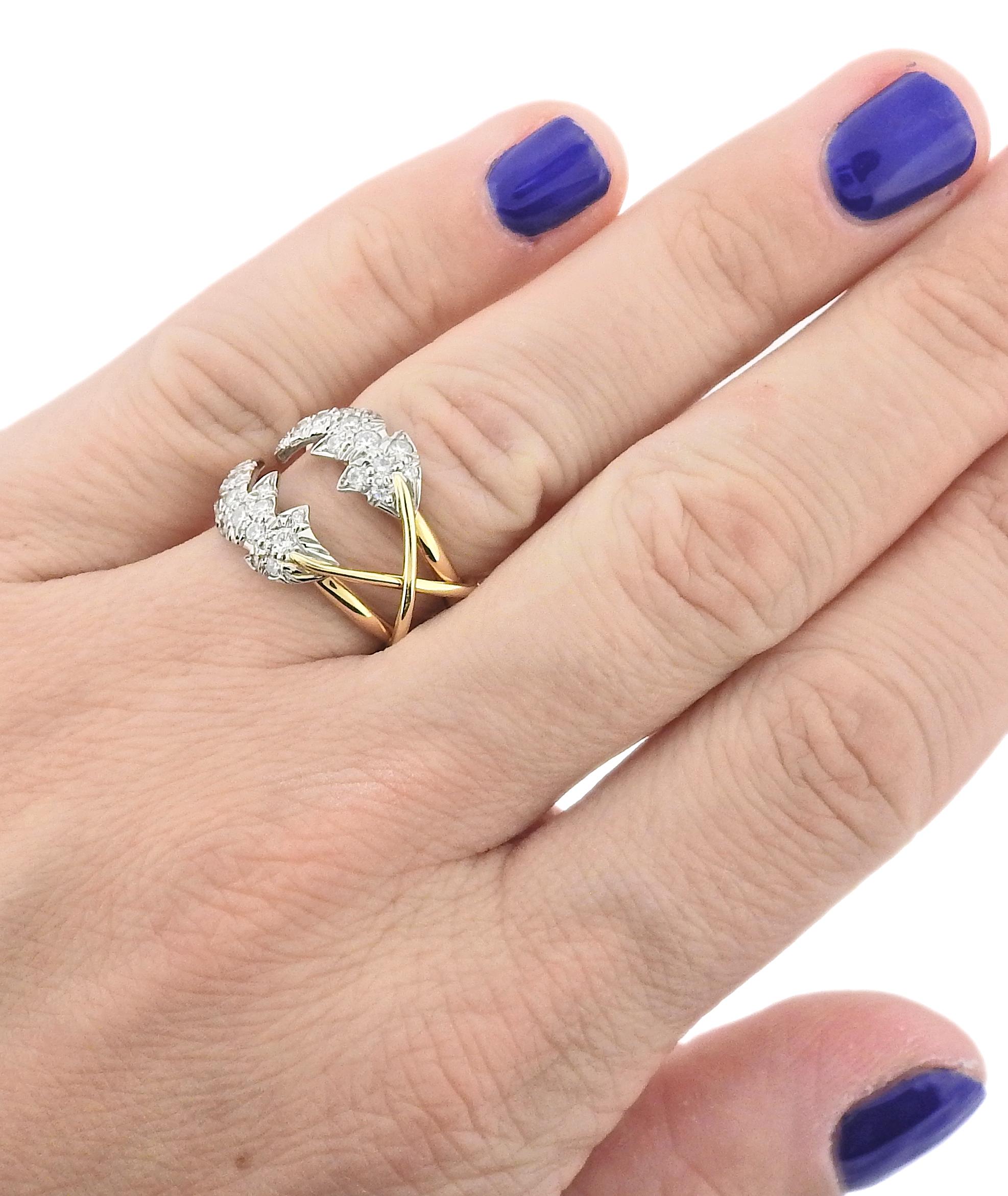 Schlumberger Gold-Platin-Ring mit zwei Blättern und Diamanten von Tiffany & Co Damen im Angebot