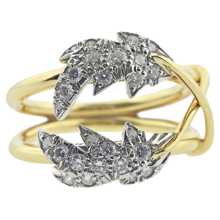 Tiffany and Co Schlumberger Two Leaves Diamond Gold Platinum Ring For ...