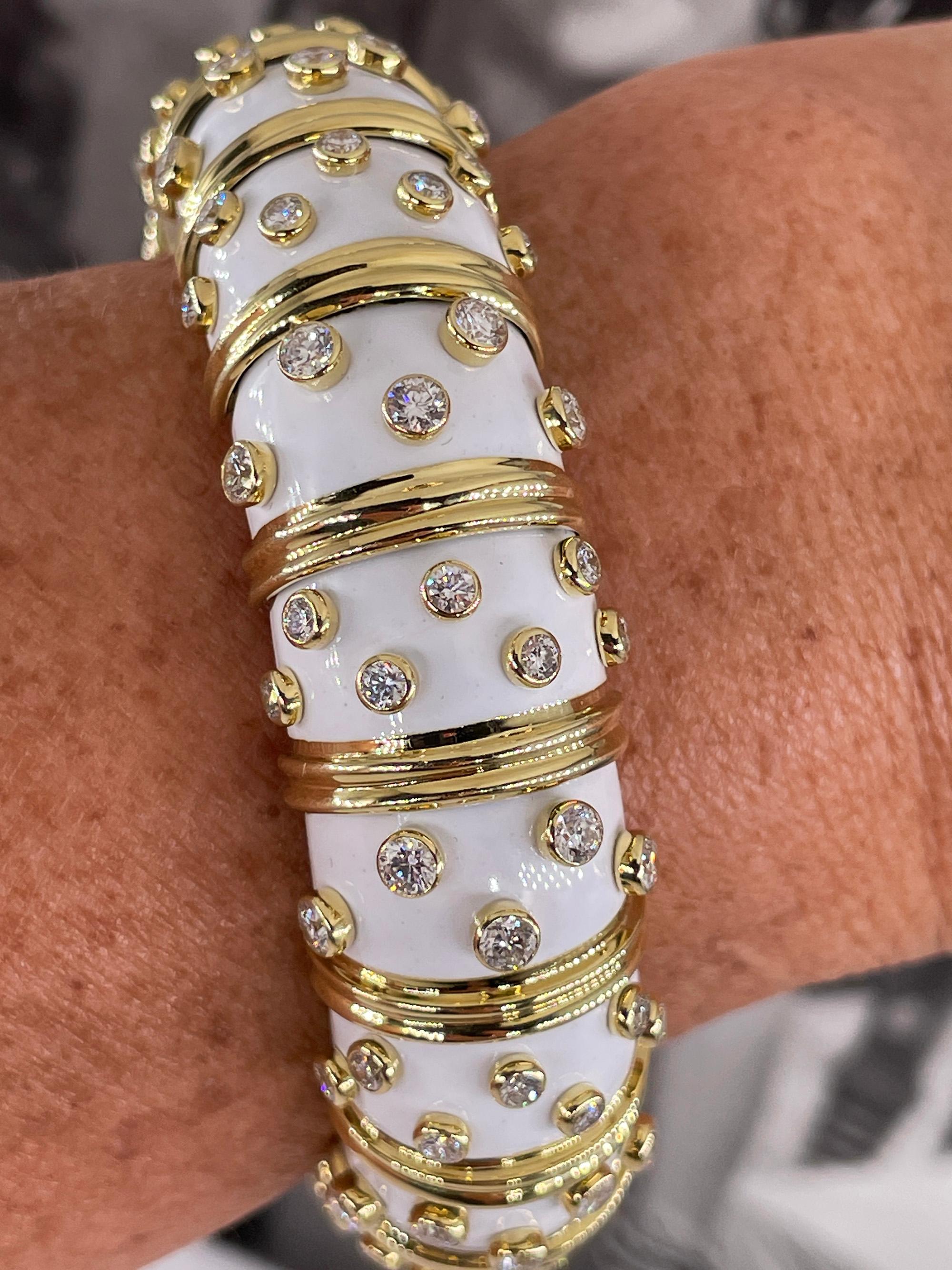 Tiffany & Co. Schlumberger White Enamel Diamond Bangle Bracelet 18kt Gold France 6