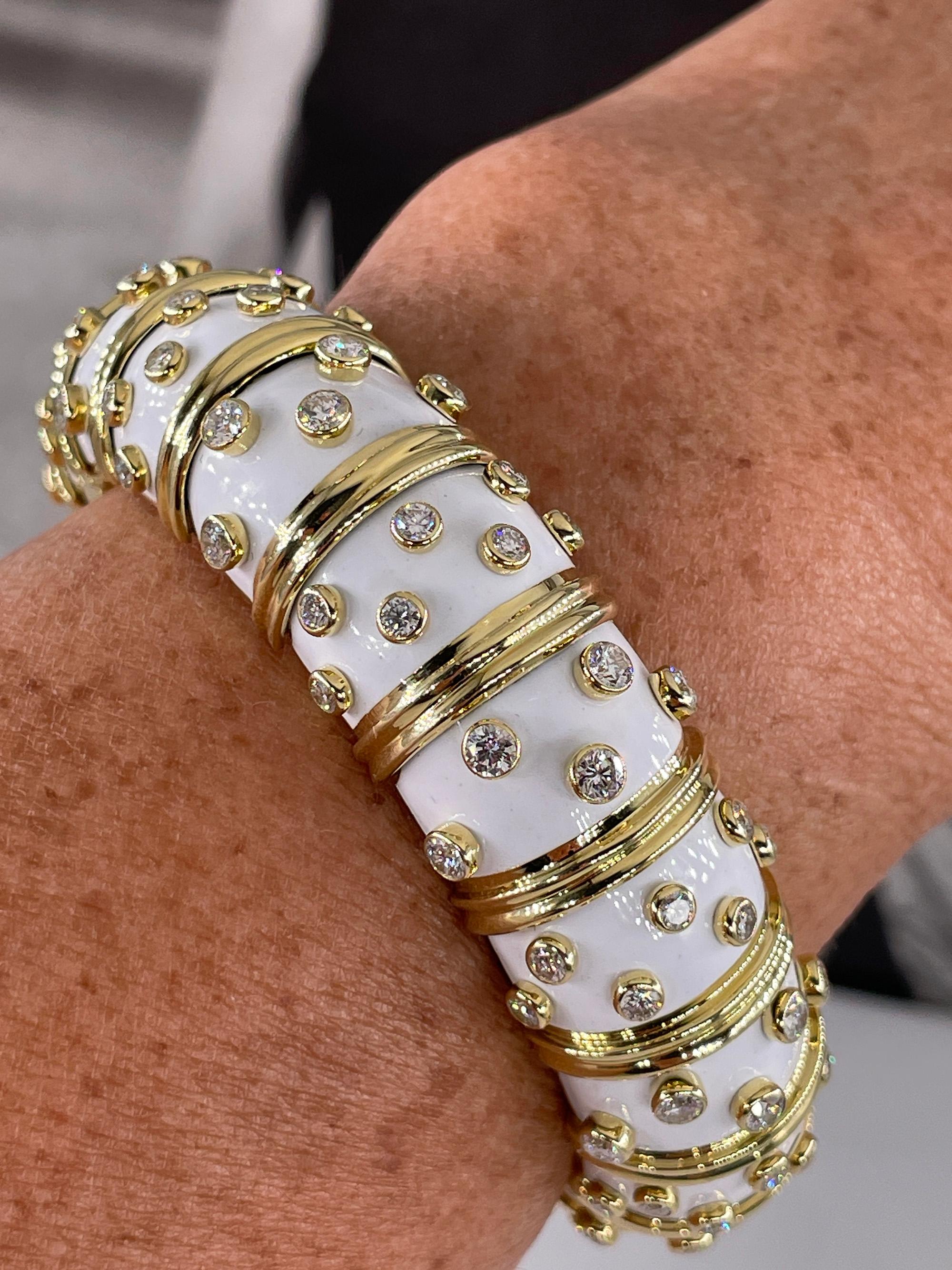 Tiffany & Co. Schlumberger White Enamel Diamond Bangle Bracelet 18kt Gold France 9