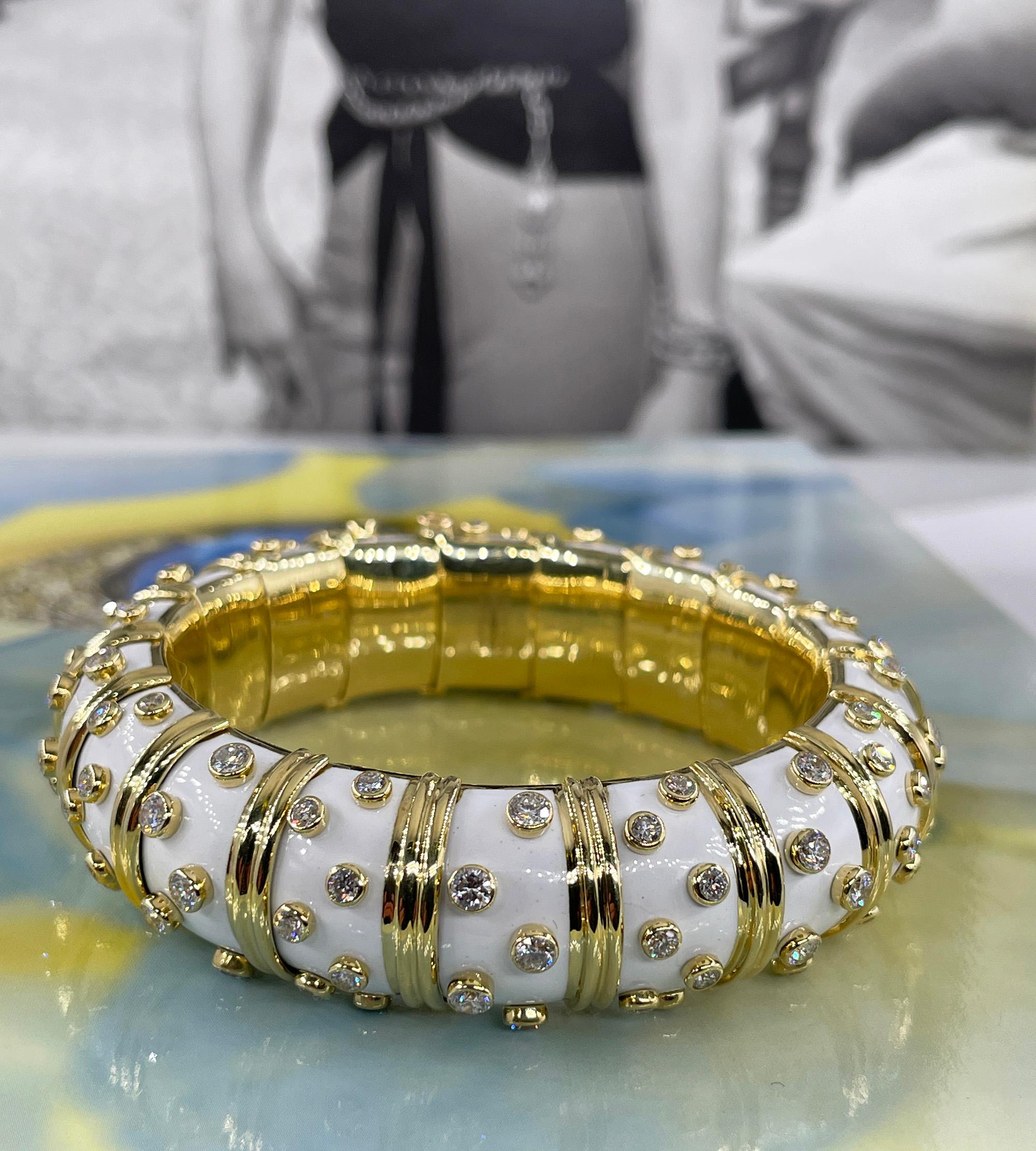 Tiffany & Co. Schlumberger White Enamel Diamond Bangle Bracelet 18kt Gold France 10
