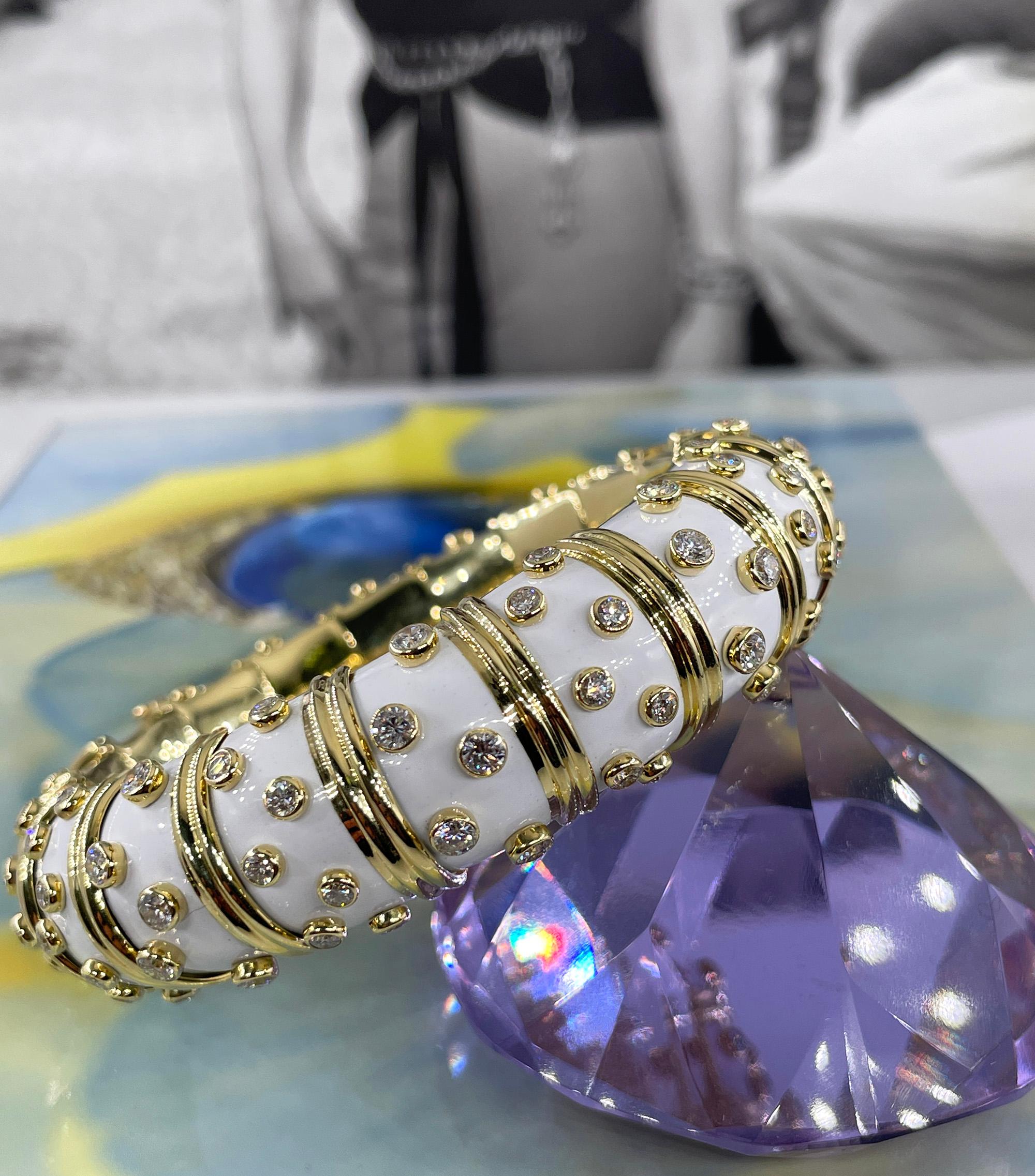 Tiffany & Co. Schlumberger White Enamel Diamond Bangle Bracelet 18kt Gold France 12