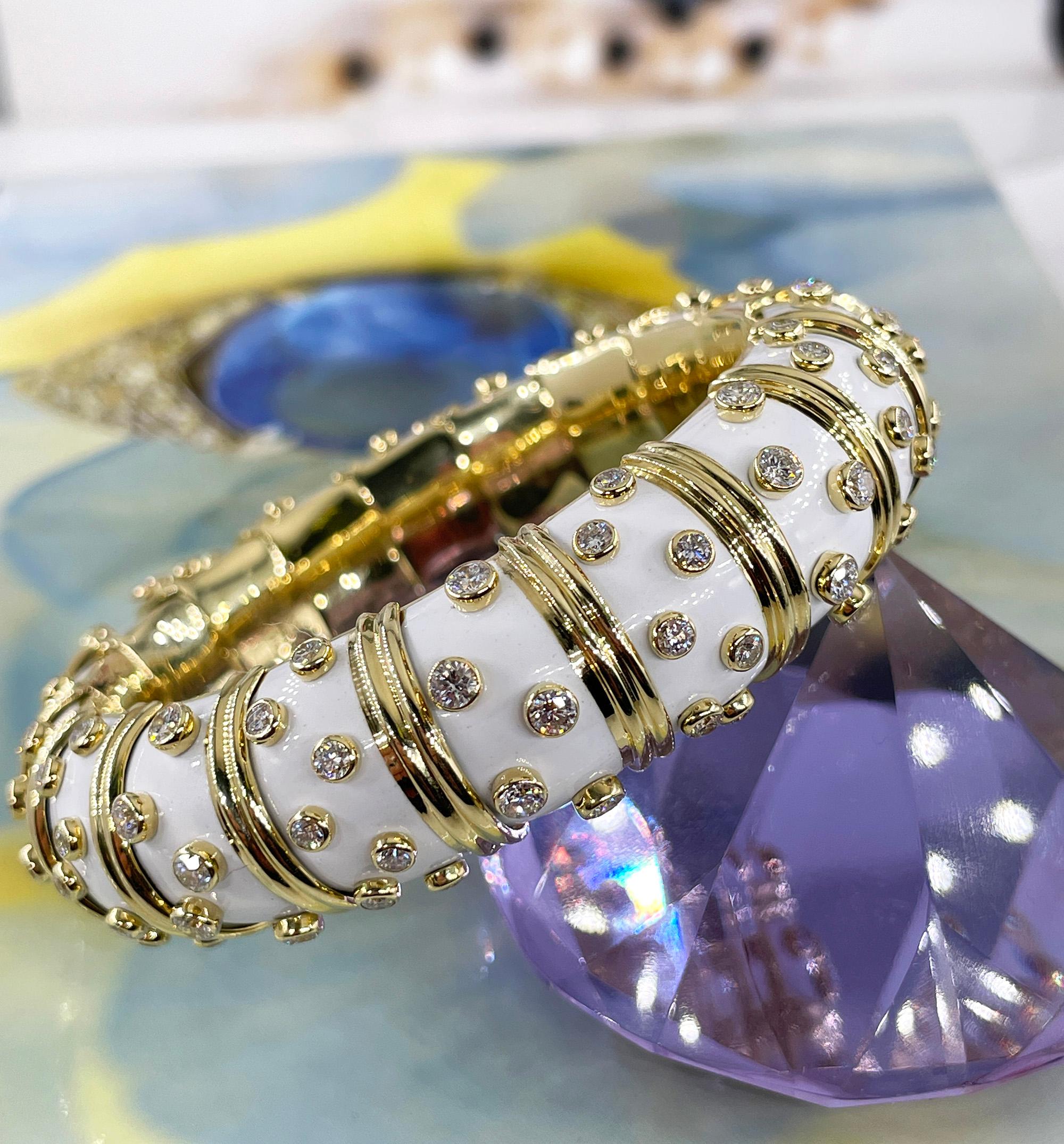 Tiffany & Co. Schlumberger White Enamel Diamond Bangle Bracelet 18kt Gold France 13