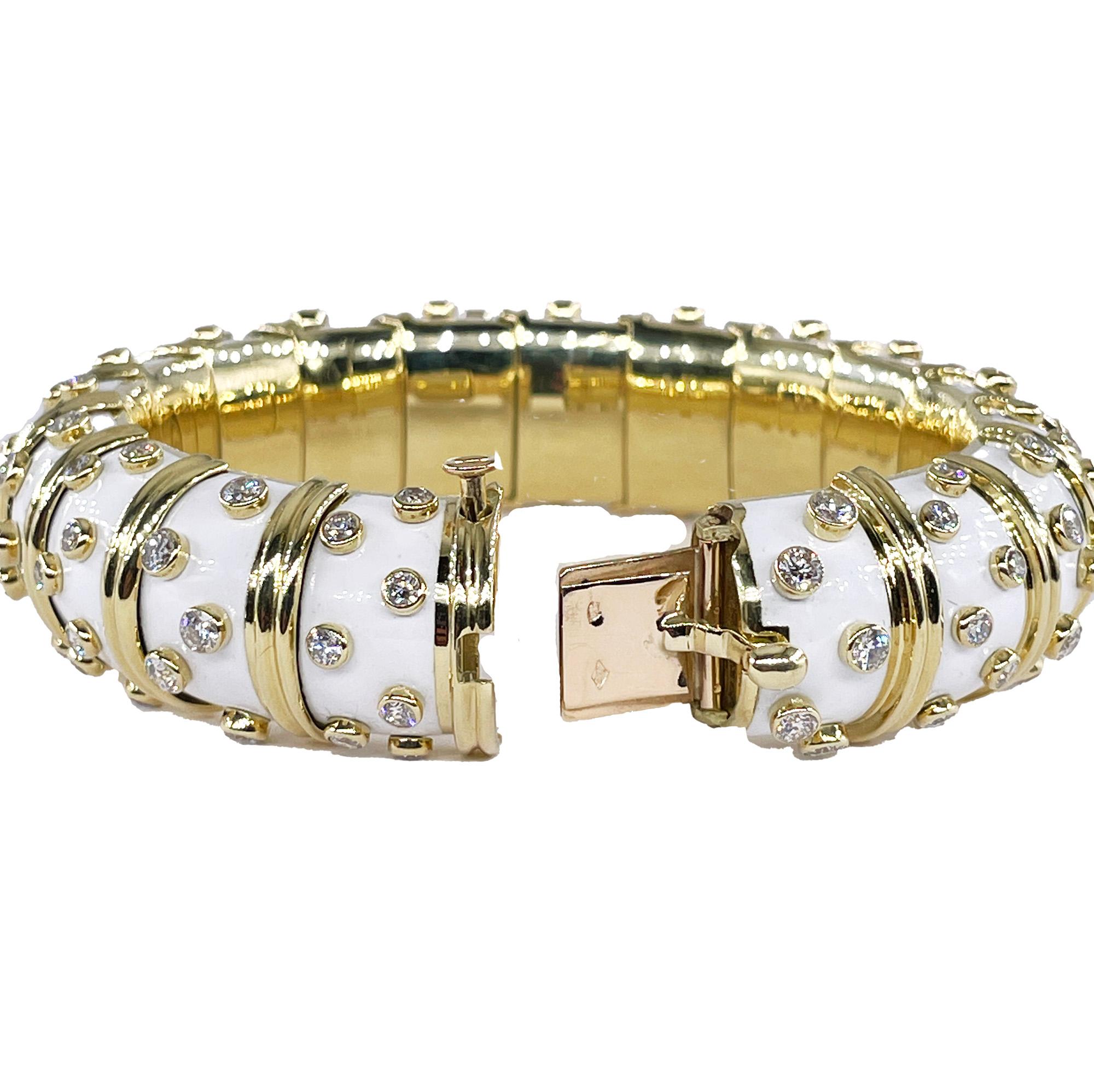 Round Cut Tiffany & Co. Schlumberger White Enamel Diamond Bangle Bracelet 18kt Gold France