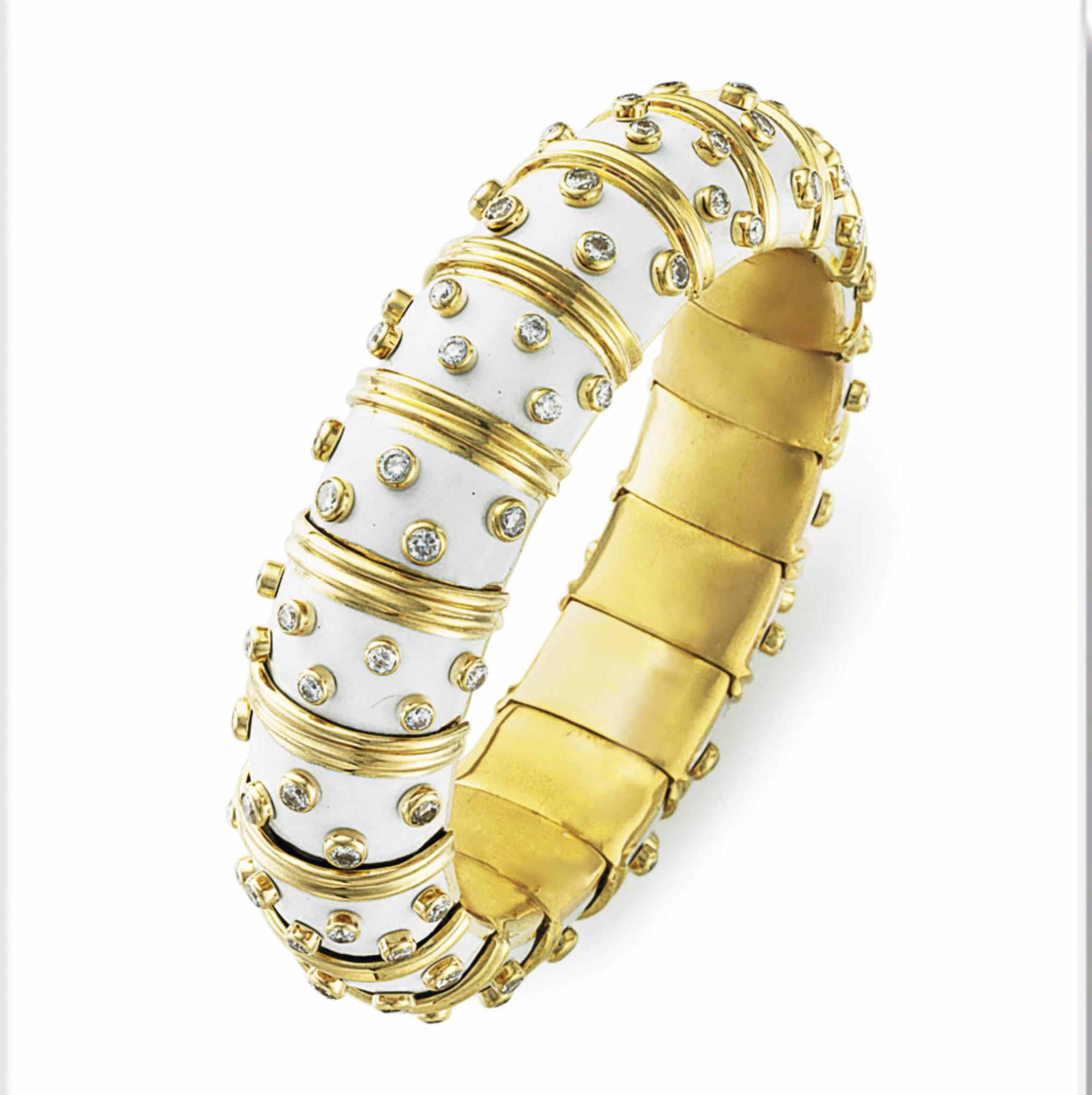 Tiffany & Co. Schlumberger White Enamel Diamond Bangle Bracelet 18kt Gold France In Excellent Condition In New York, NY