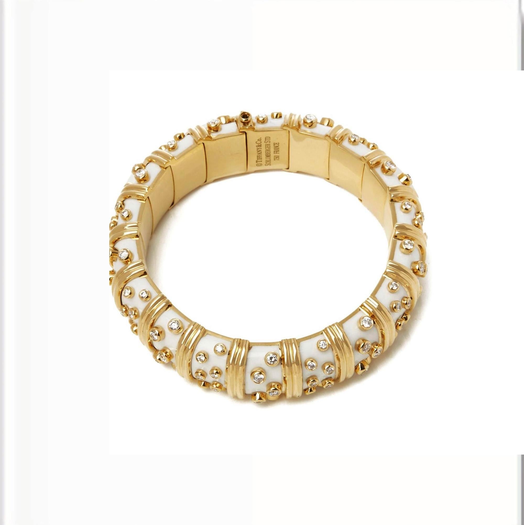 Women's Tiffany & Co. Schlumberger White Enamel Diamond Bangle Bracelet 18kt Gold France