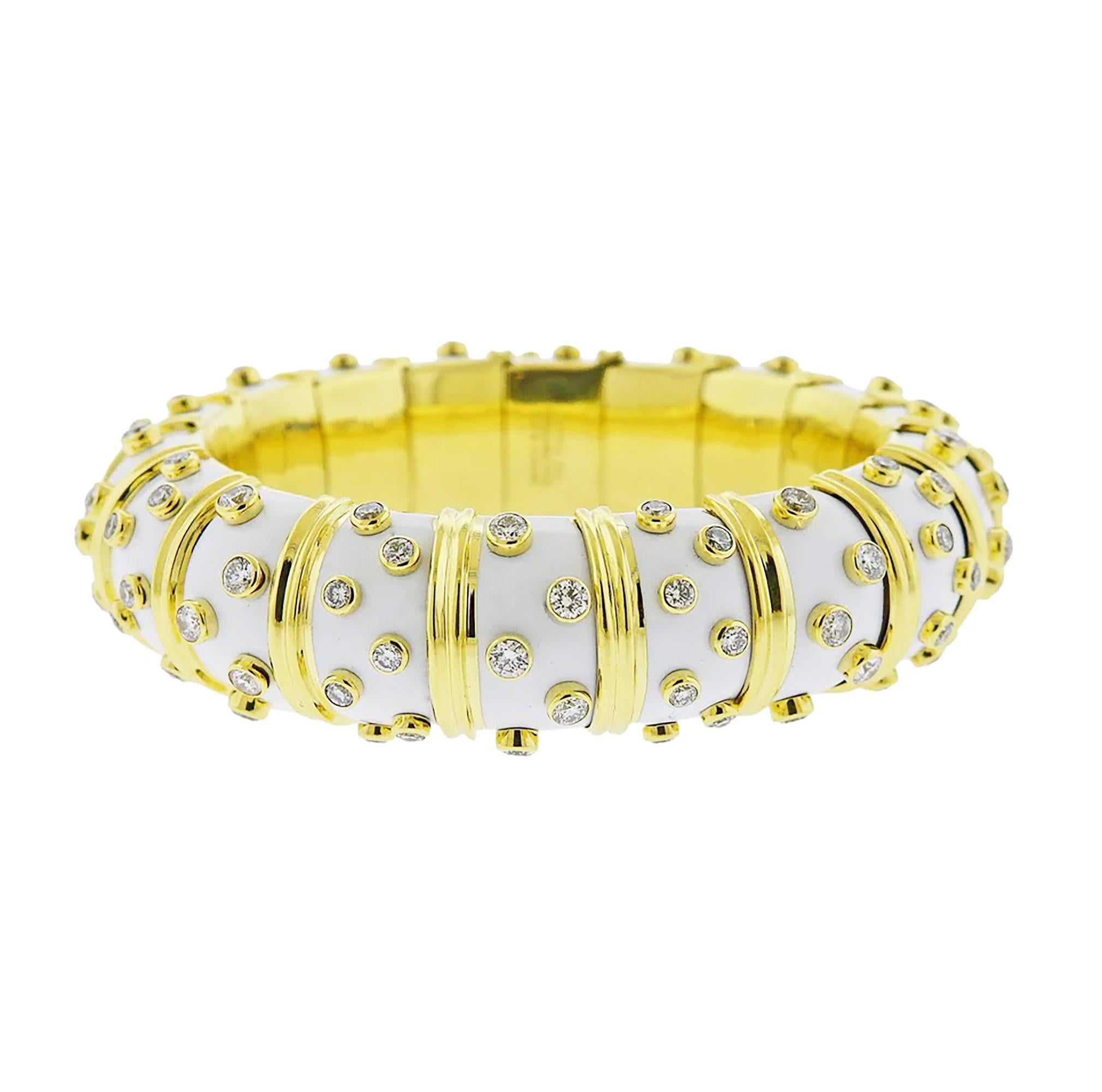 Tiffany & Co. Schlumberger White Enamel Diamond Bangle Bracelet 18kt Gold France 2