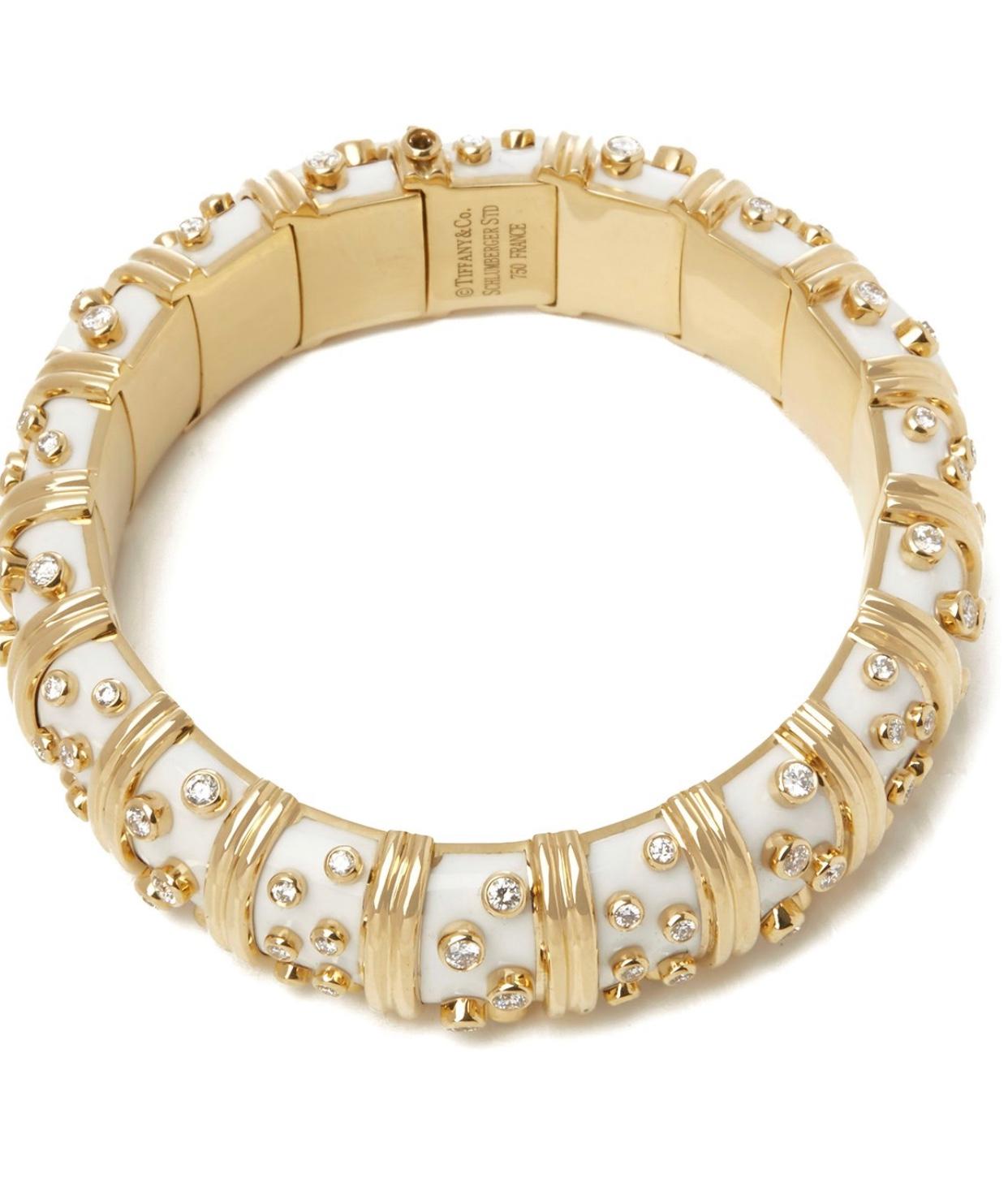 Round Cut Tiffany & Co. Schlumberger White Enamel Diamond Bangle Bracelet, 21st Century