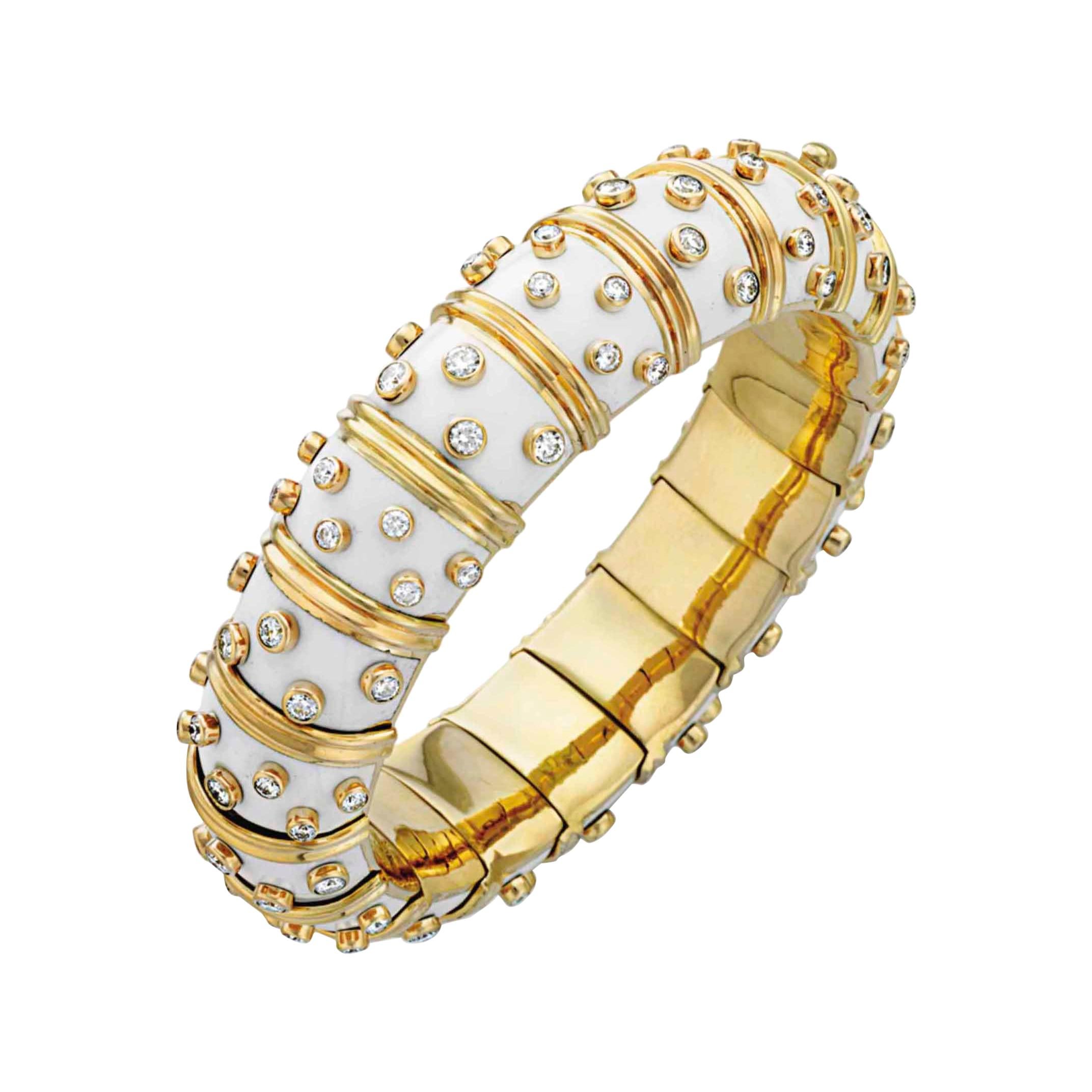 Tiffany & Co. Schlumberger White Enamel Diamond Bangle Bracelet, 21st Century