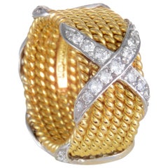 Tiffany & Co. Schlumberger Womens 18K Yellow and White Gold Diamond "X" Ring
