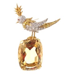 Tiffany & Co. Schlumberger Yellow and White Diamond Citrine Bird on Rock Brooch