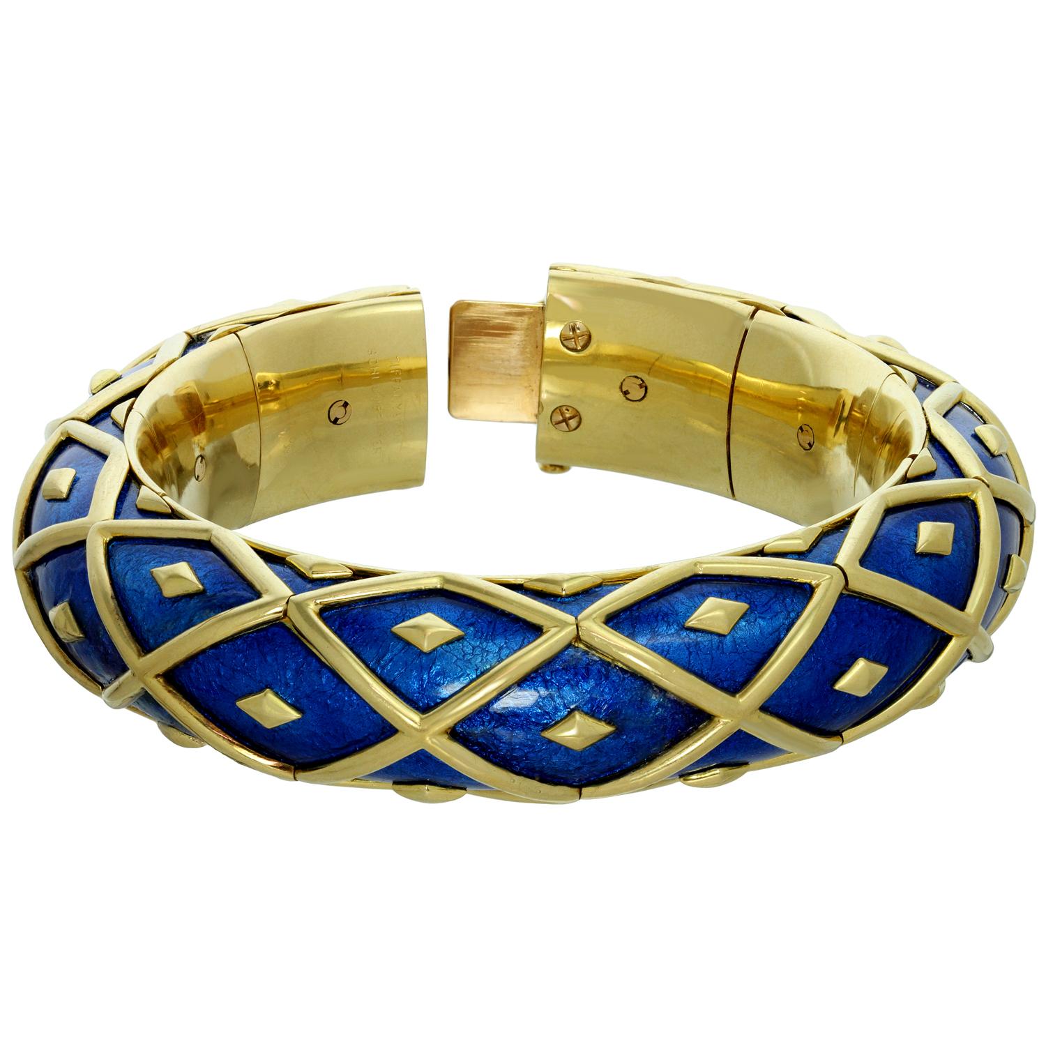 Women's Tiffany & Co. Schlumberger Yellow Gold Blue Enamel Dot Losange Bracelet