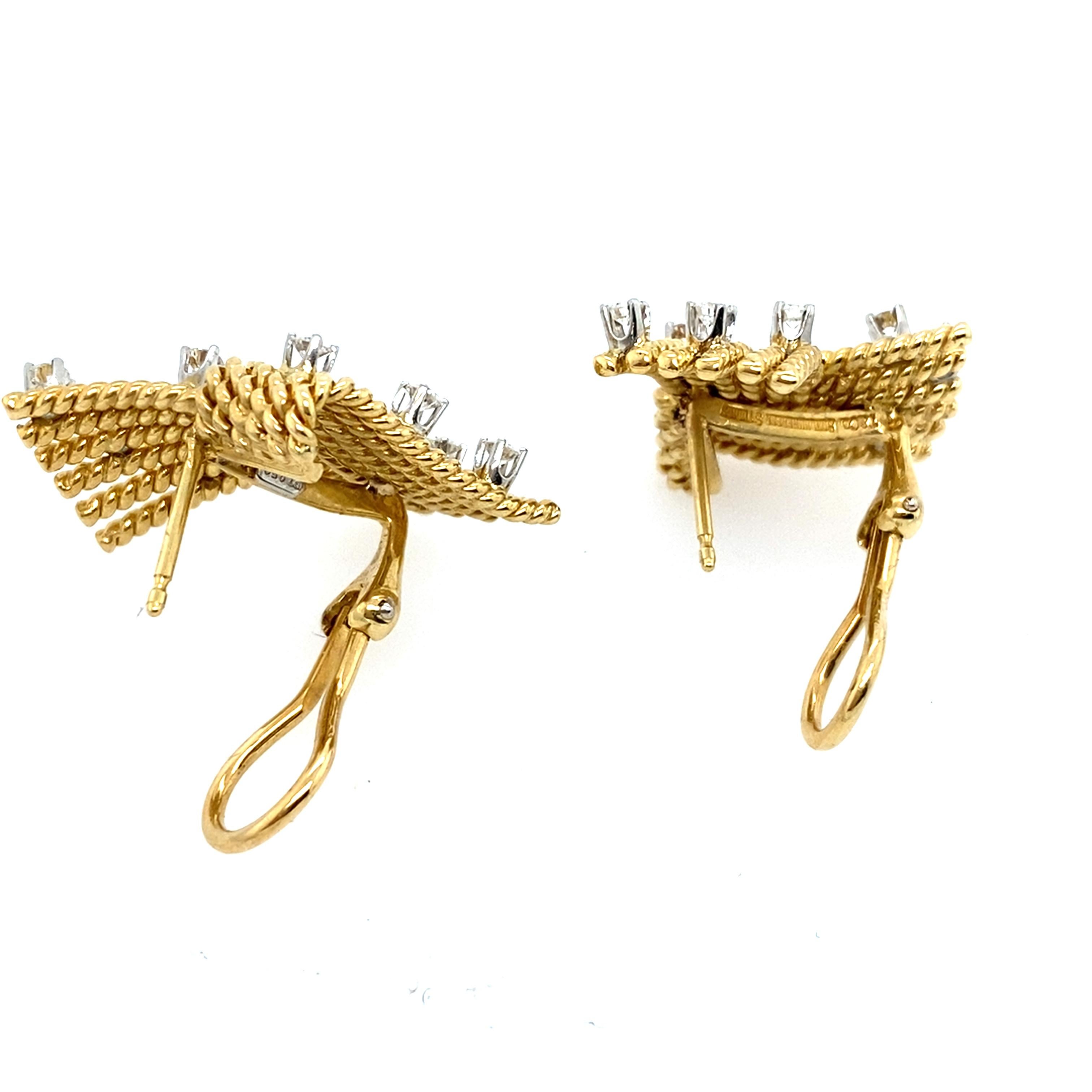 Brilliant Cut Tiffany & Co Schlumberger Yellow gold Diamond Earrings, 0.91ct