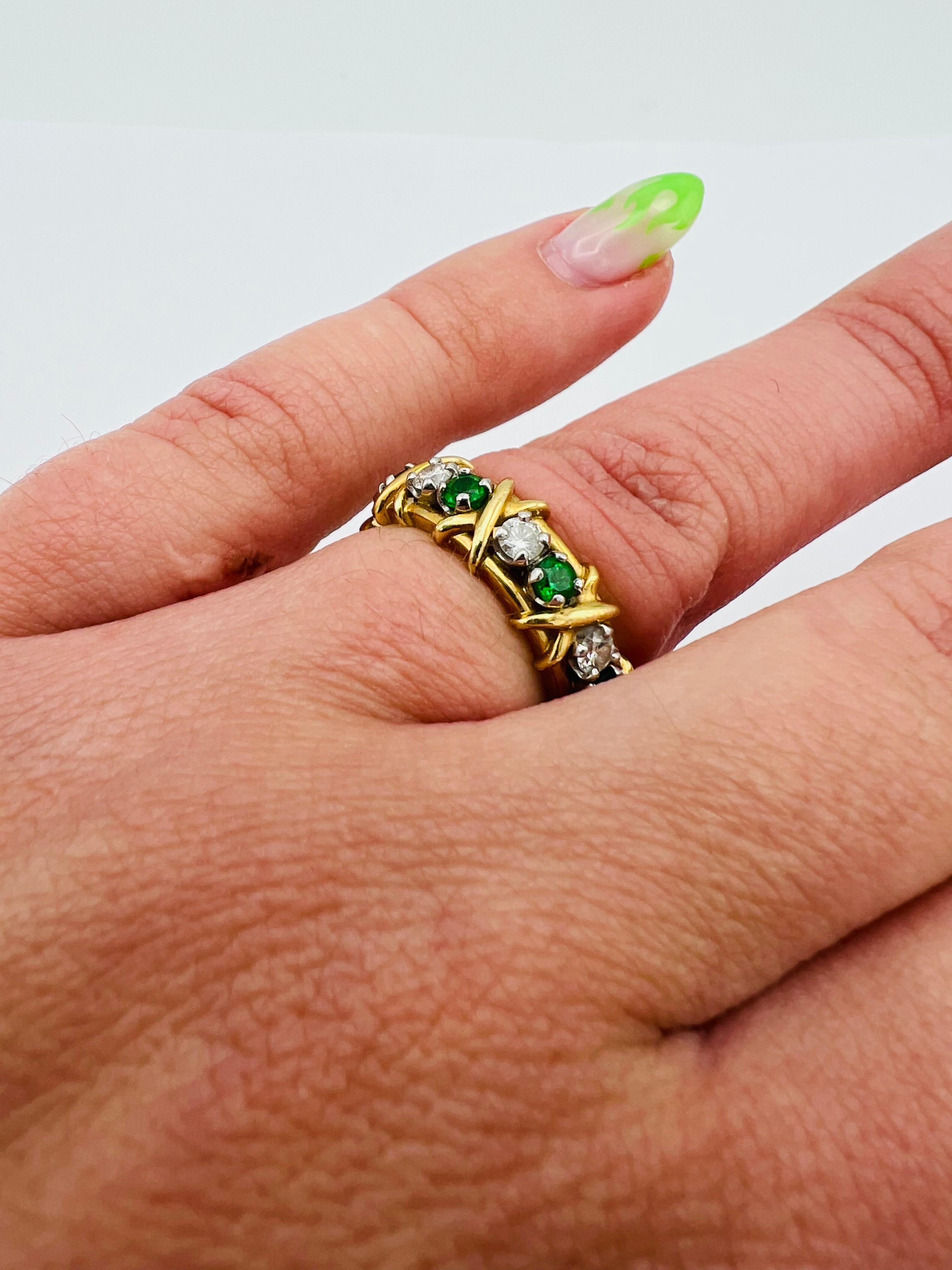 Tiffany & Co. Schlumberger Yellow Gold Platinum Diamond Emerald X Band Ring In Excellent Condition In Beverly Hills, CA