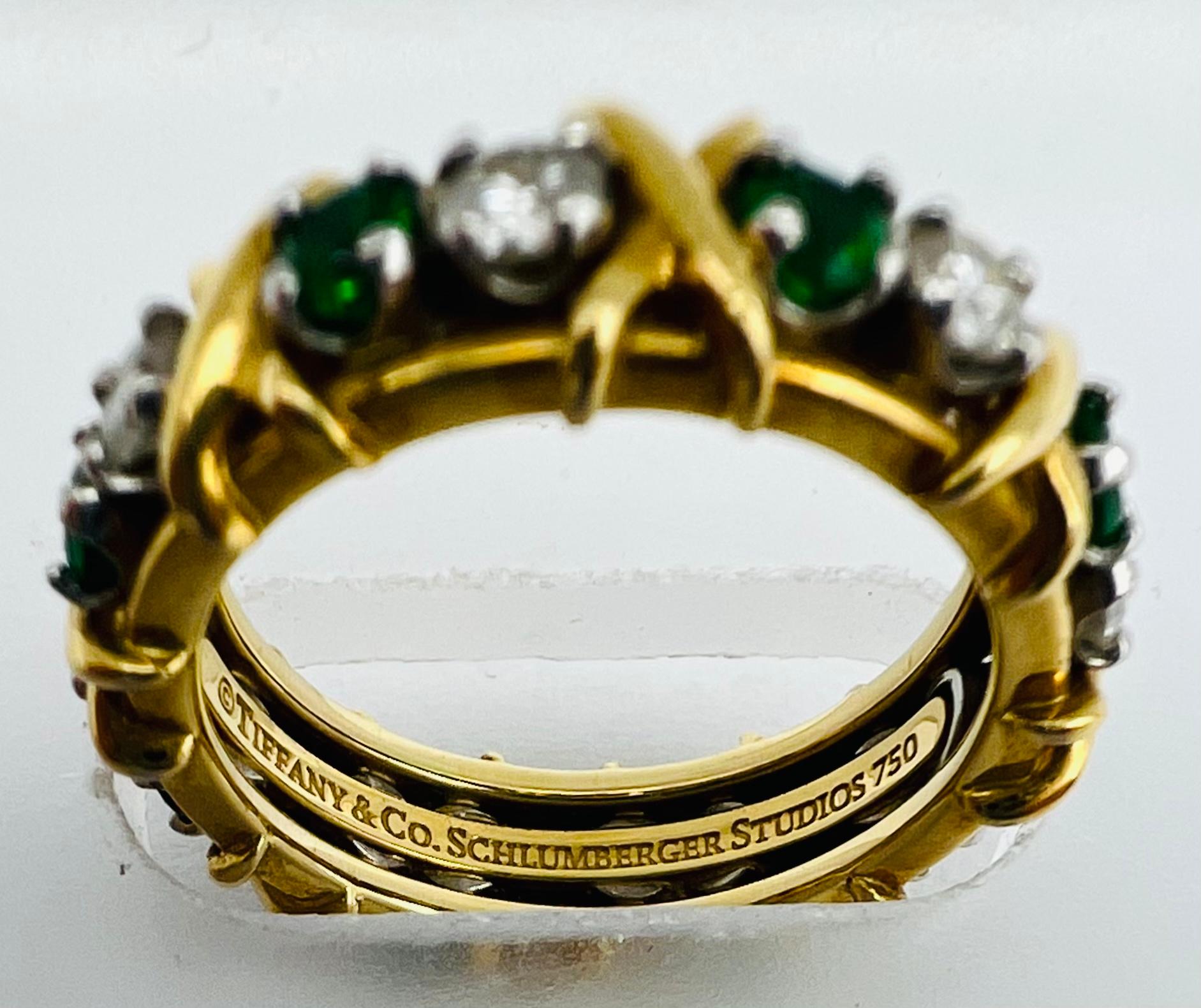 Tiffany & Co. Schlumberger Yellow Gold Platinum Diamond Emerald X Band Ring 1