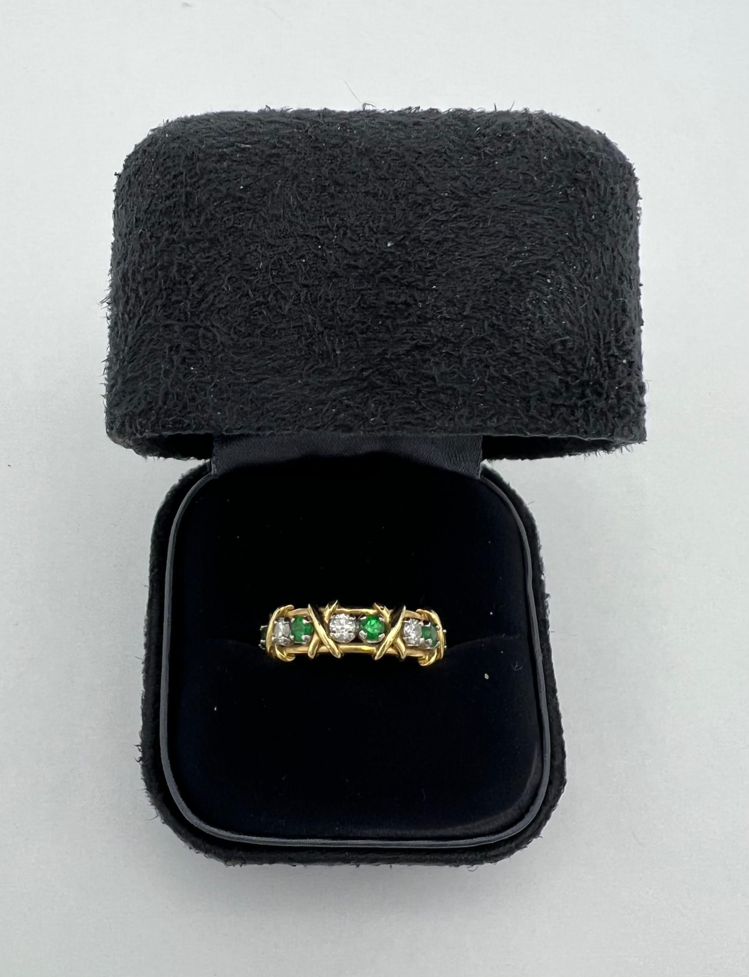 Tiffany & Co. Schlumberger Yellow Gold Platinum Diamond Emerald X Band Ring 2