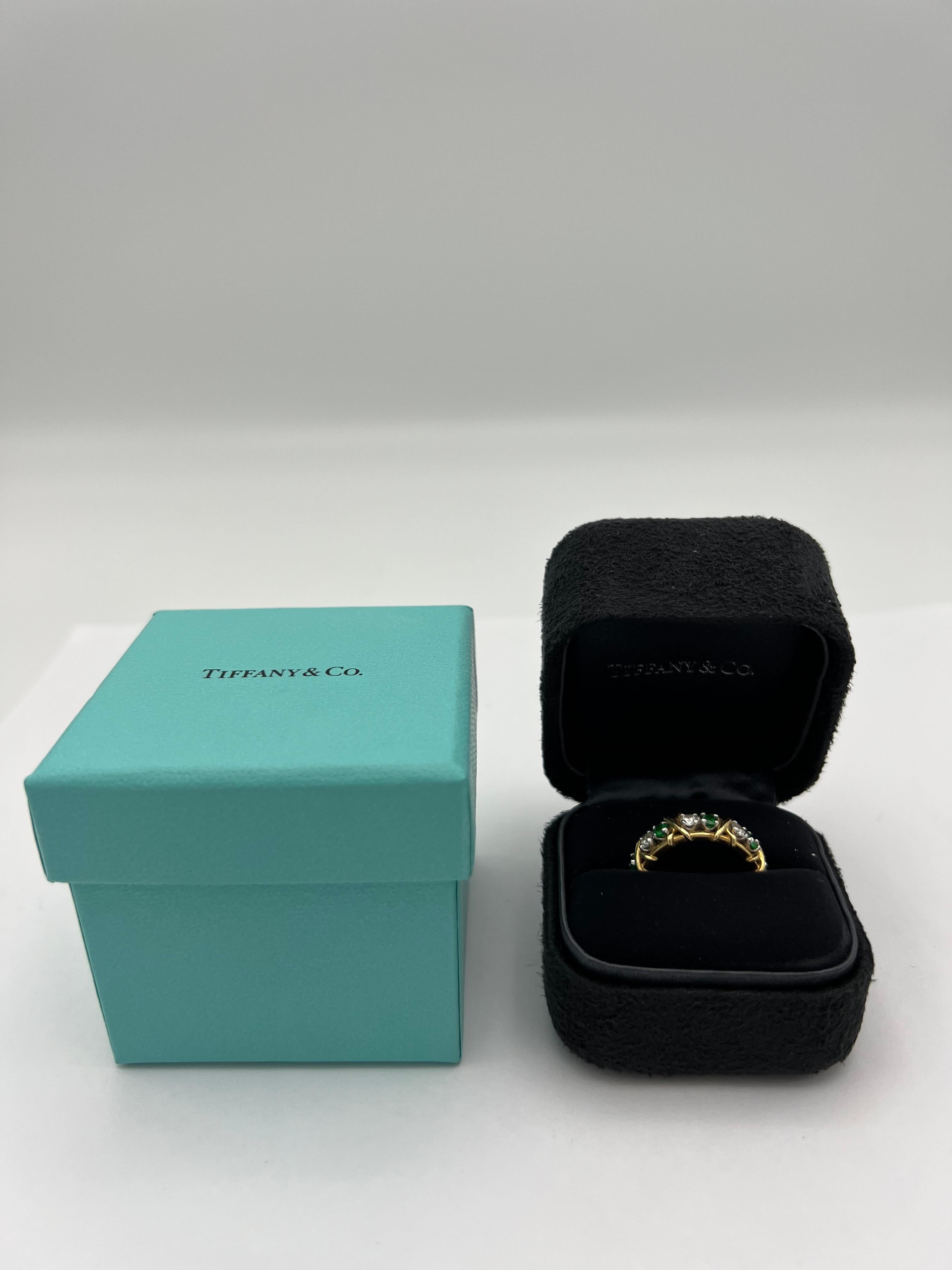 Tiffany & Co. Schlumberger Yellow Gold Platinum Diamond Emerald X Band Ring 3