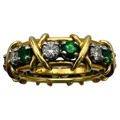 Tiffany & Co. Schlumberger Yellow Gold Platinum Diamond Emerald X Band Ring