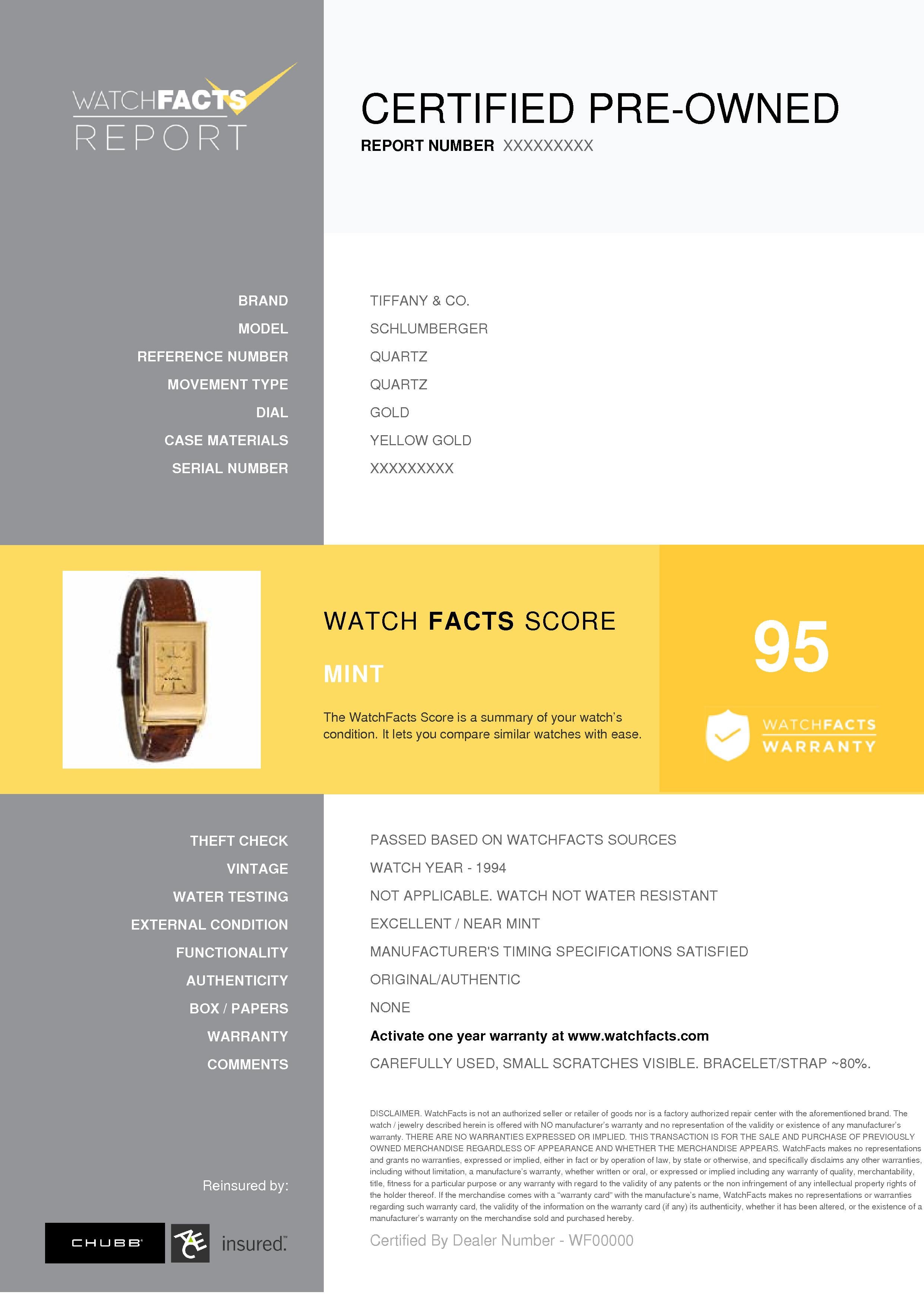 Tiffany & Co. Schlumberger Reference #:Quartz. Tiffany & Co Schlumberger Women's Quartz Watch 18K Yellow Gold 20MM. Verified and Certified by WatchFacts. 1 year warranty offered by WatchFacts.
