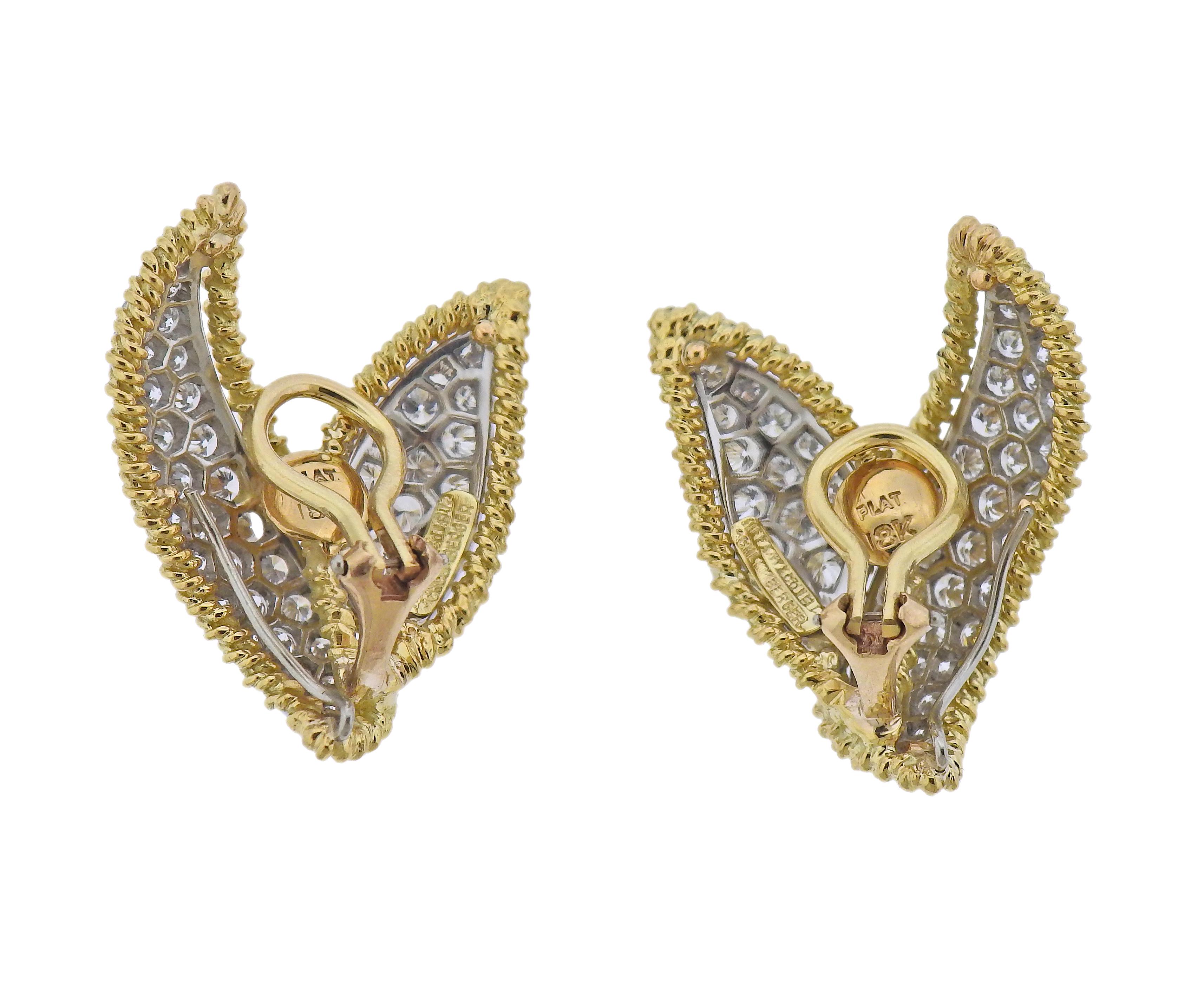 Pair of 18k gold and platinum earrings by Jean Schlumberger for Tiffany & Co, set with approx. 3.60ctw in diamonds. Earrings are 29mm x 25mm. Marked: Tiffany & Co, Schlumberger, Plat 18k. Weight - 16.8 grams.