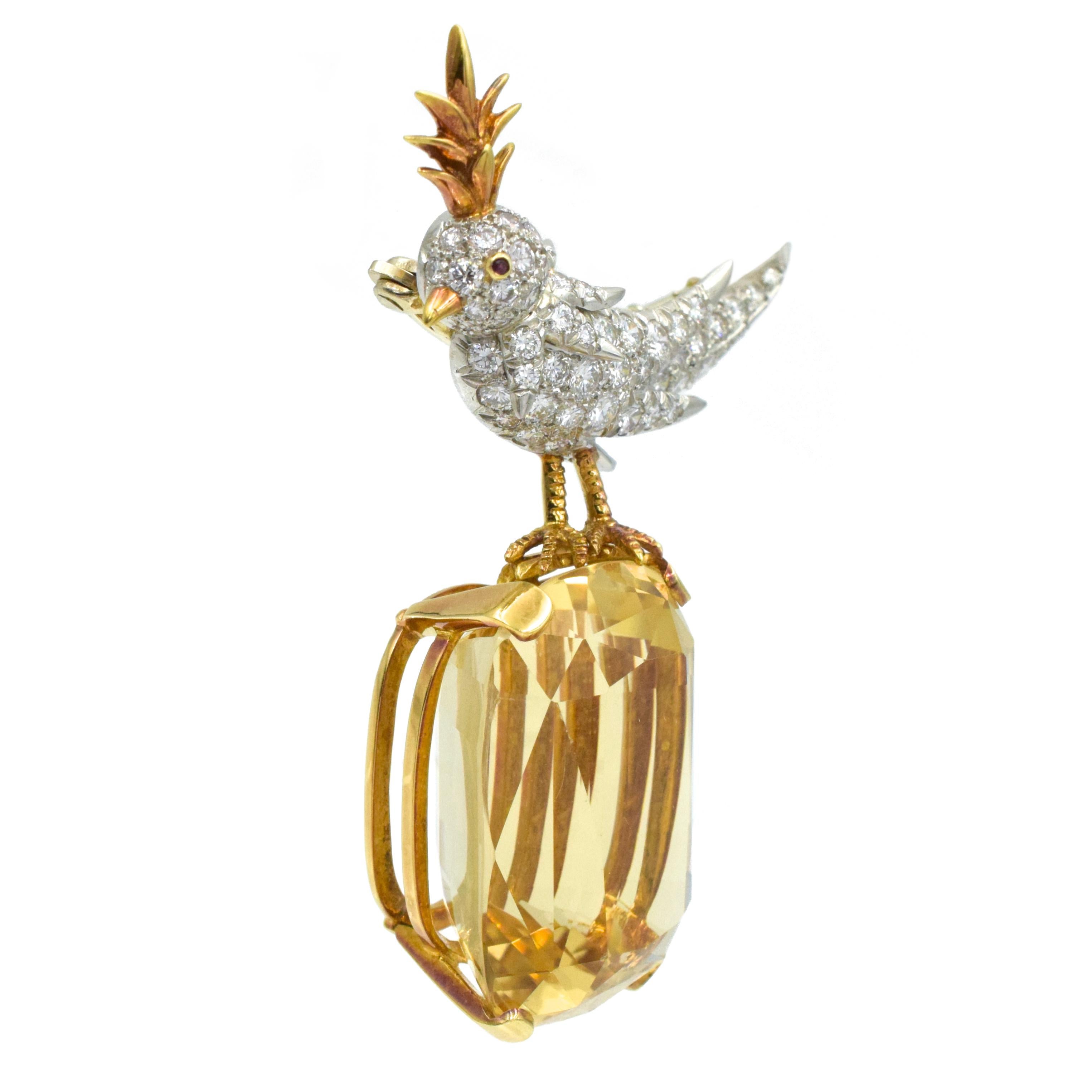 Tiffany Schlumberger   Bird on a Rock Pin   18k White And Yellow Gold. The bird is set
with 73 round brilliant cut diamonds with an approximate weight of 3.0carats, 
 1 round ruby with an approximate weight of 0.02ct. The bird is placed sitting
on