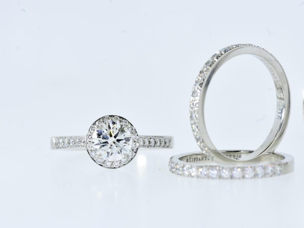 Tiffany & Co set: Diamond Soleste Platinum Ring, matching Dia Bands & gents band For Sale 6