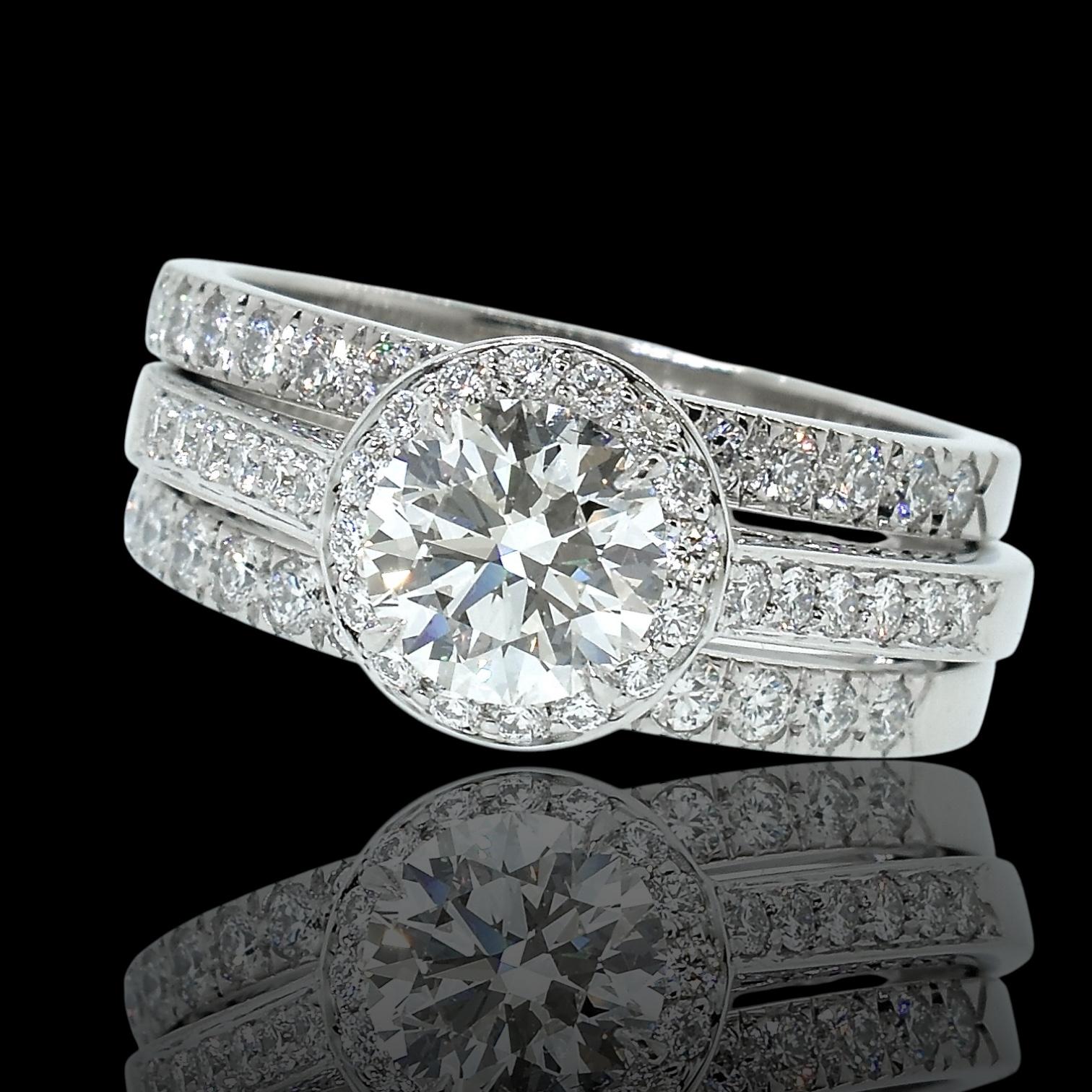 Contemporary Tiffany & Co set: Diamond Soleste Platinum Ring, matching Dia Bands & gents band For Sale